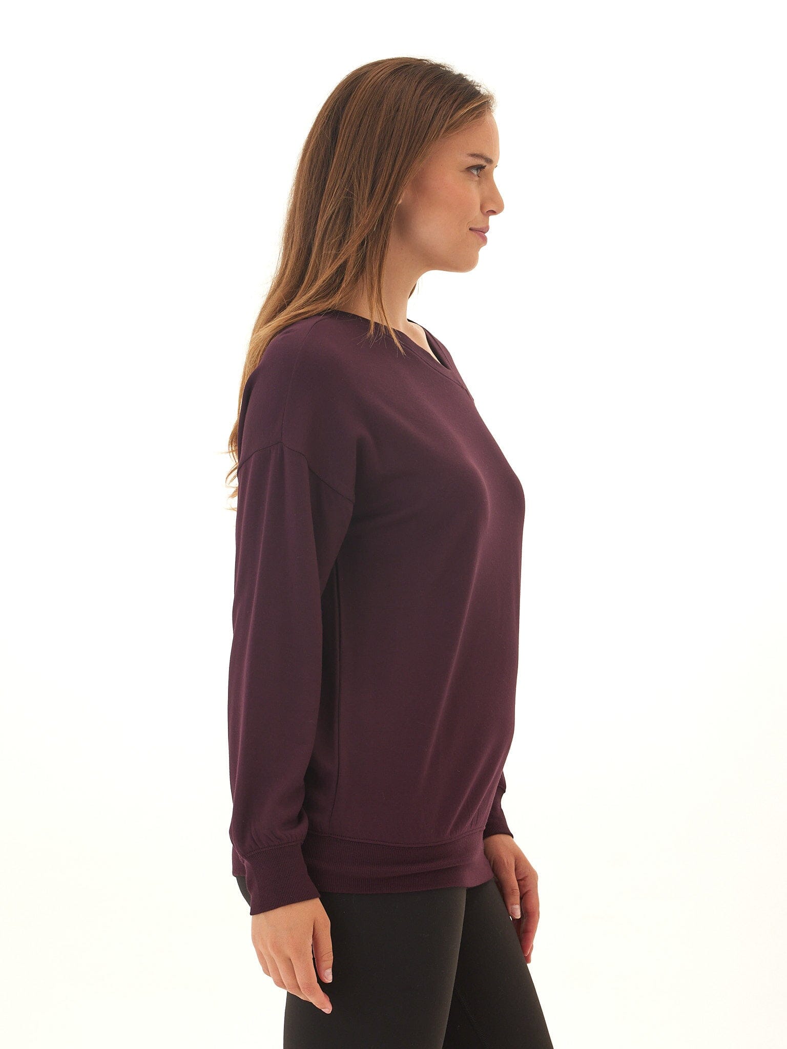Women's Feather Fleece Asymmetrical Tunic in Deep Plum & Eggplant