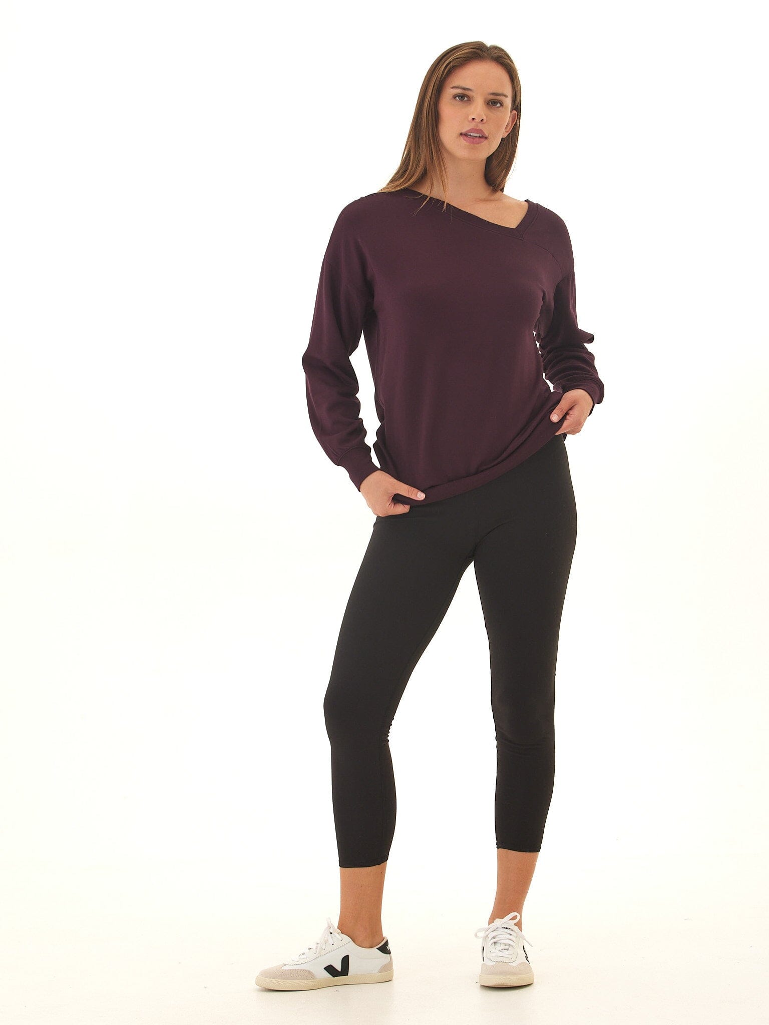 Women's Feather Fleece Asymmetrical Tunic in Deep Plum & Eggplant