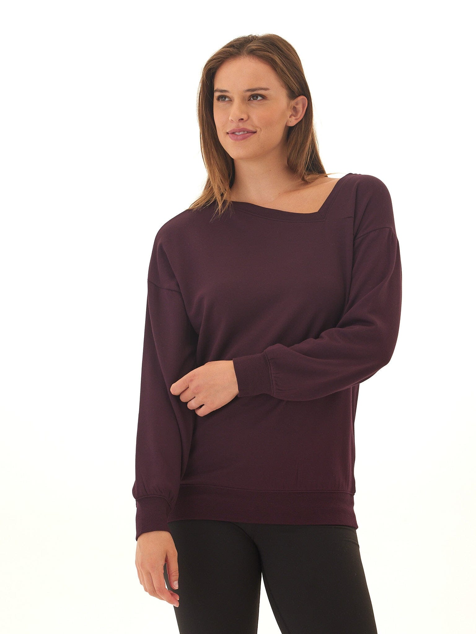 Women's Feather Fleece Asymmetrical Tunic in Deep Plum & Eggplant