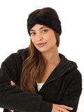 Fuzzy knit headband with a twist detail in a soft, cozy texture.