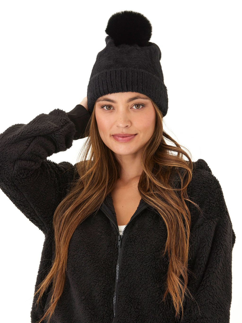 Women's Fuzzy Knit Beanie with Pom Pom - Black Winter Hat