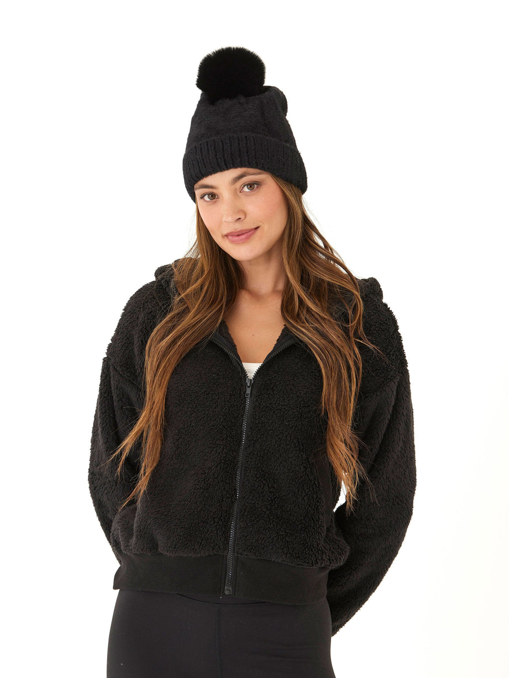 Women's Fuzzy Knit Beanie with Pom Pom - Black Winter Hat