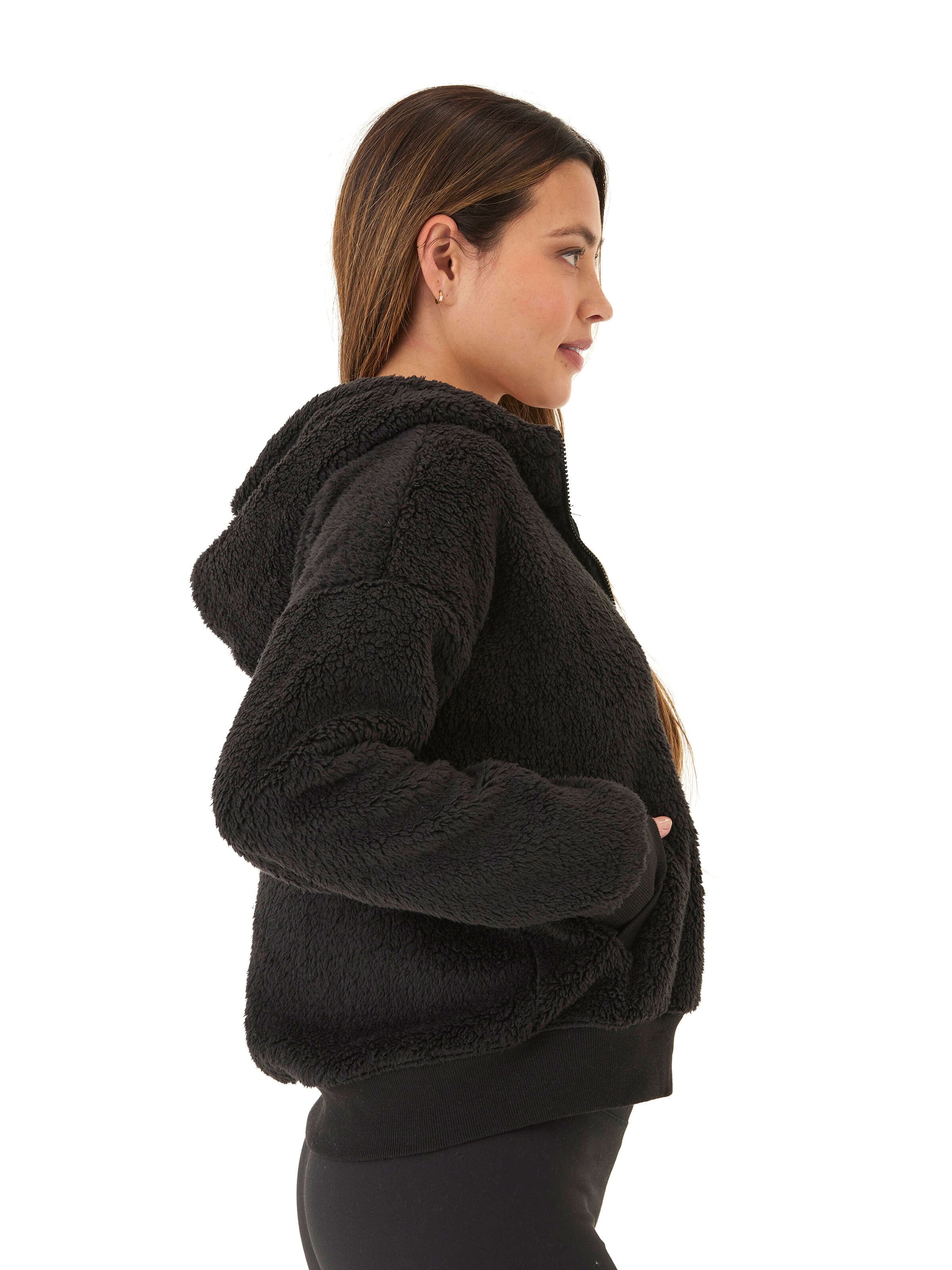 Izara Women's Black Sherpa Full Zip Hoodie Relaxed Fit Sporty Jacket