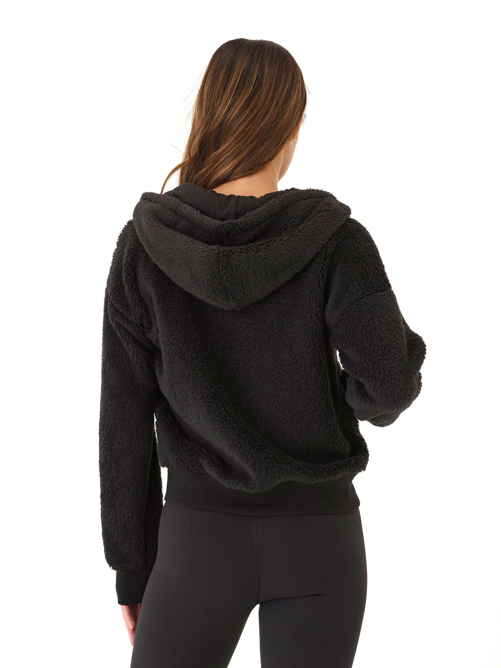 Izara Women's Black Sherpa Full Zip Hoodie Relaxed Fit Sporty Jacket