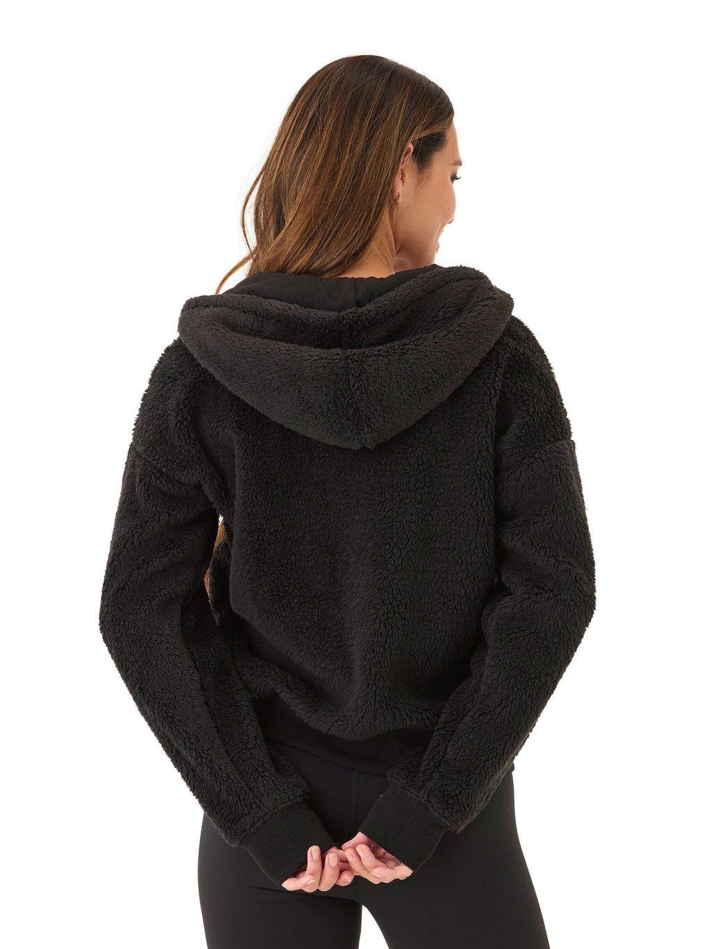 Izara Women's Black Sherpa Full Zip Hoodie Relaxed Fit Sporty Jacket