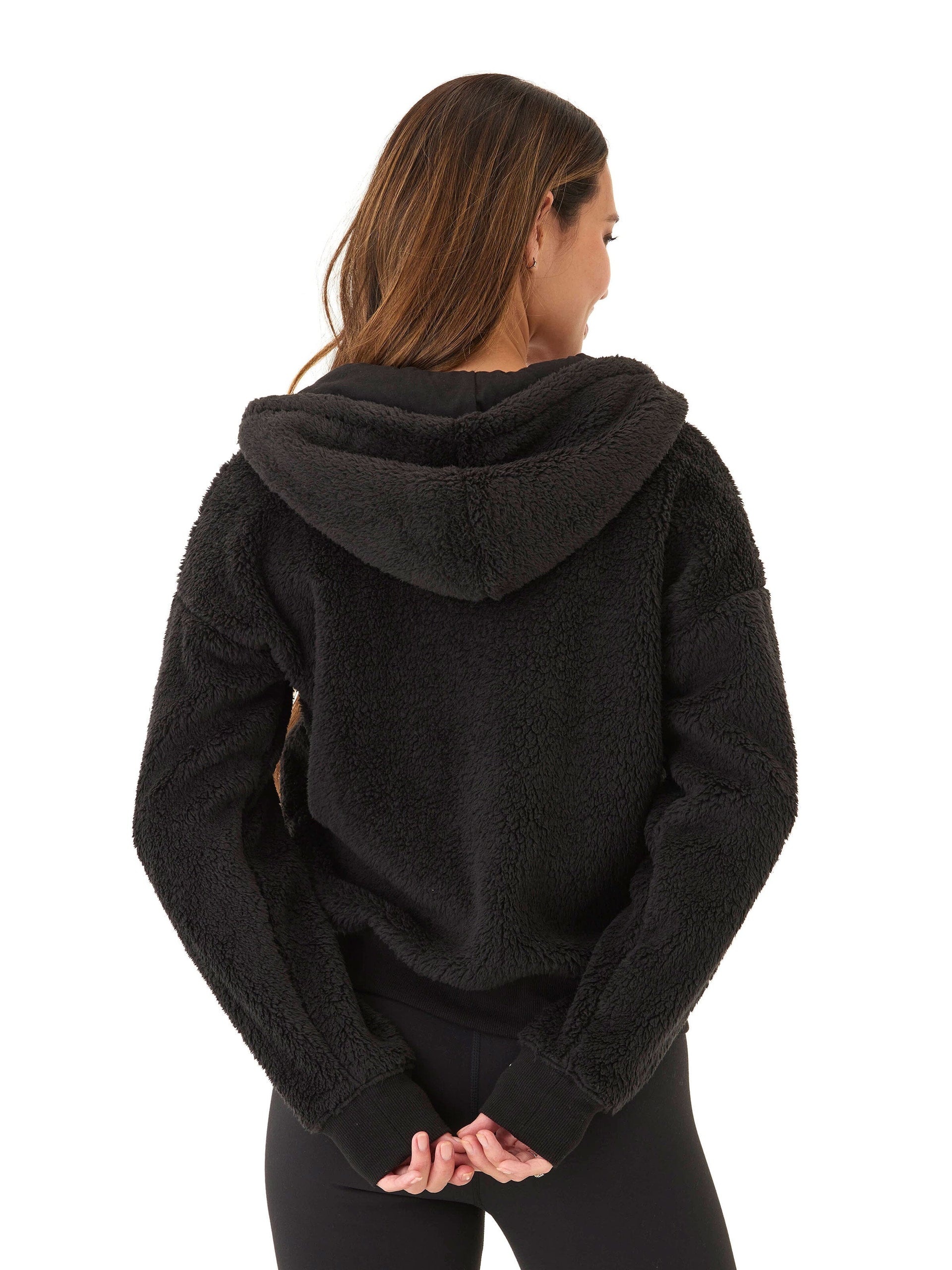 Izara Women's Black Sherpa Full Zip Hoodie Relaxed Fit Sporty Jacket