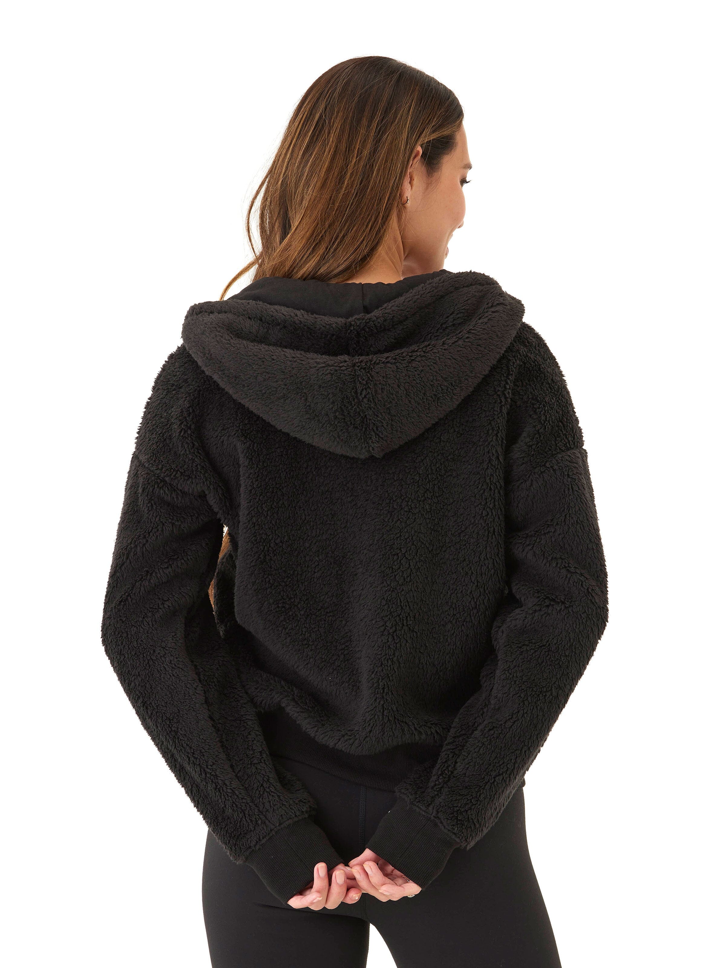 Izara Women's Black Sherpa Full Zip Hoodie Relaxed Fit Sporty Jacket