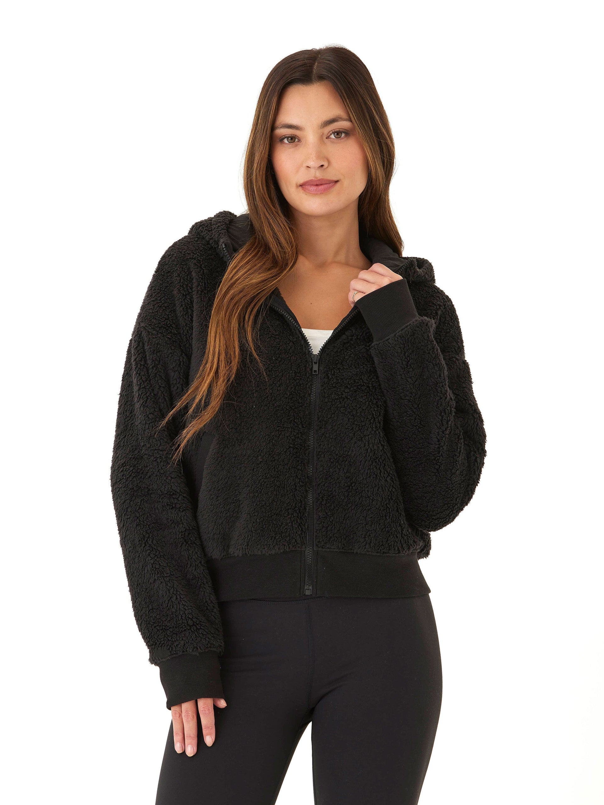 Izara Women's Black Sherpa Full Zip Hoodie Relaxed Fit Sporty Jacket