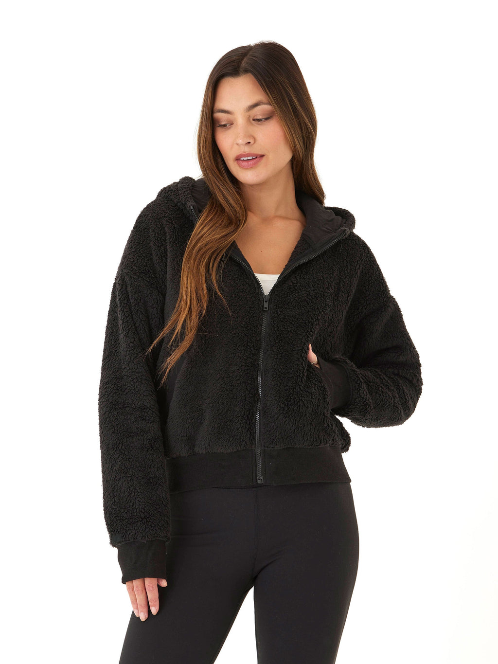 Izara Women's Black Sherpa Full Zip Hoodie Relaxed Fit Sporty Jacket