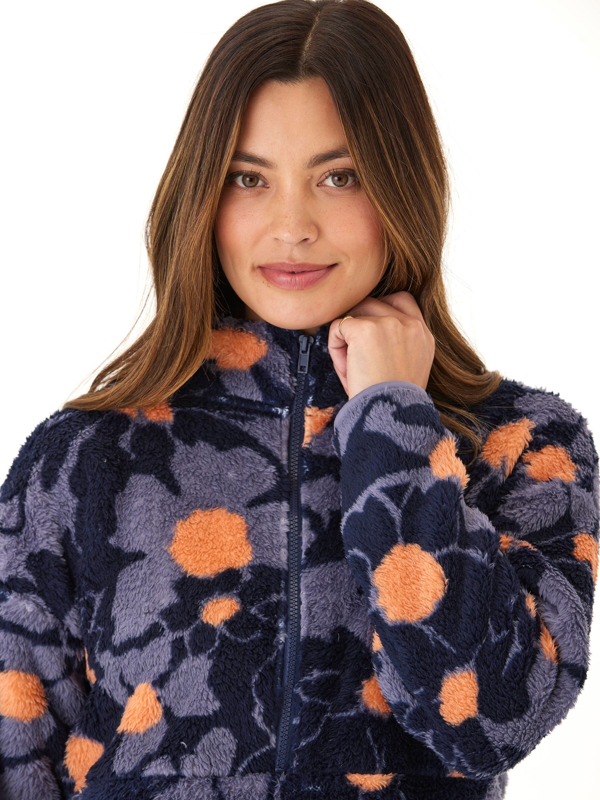 Abstract Bloom Print Sherpa 1/2-Zip Pullover for Women