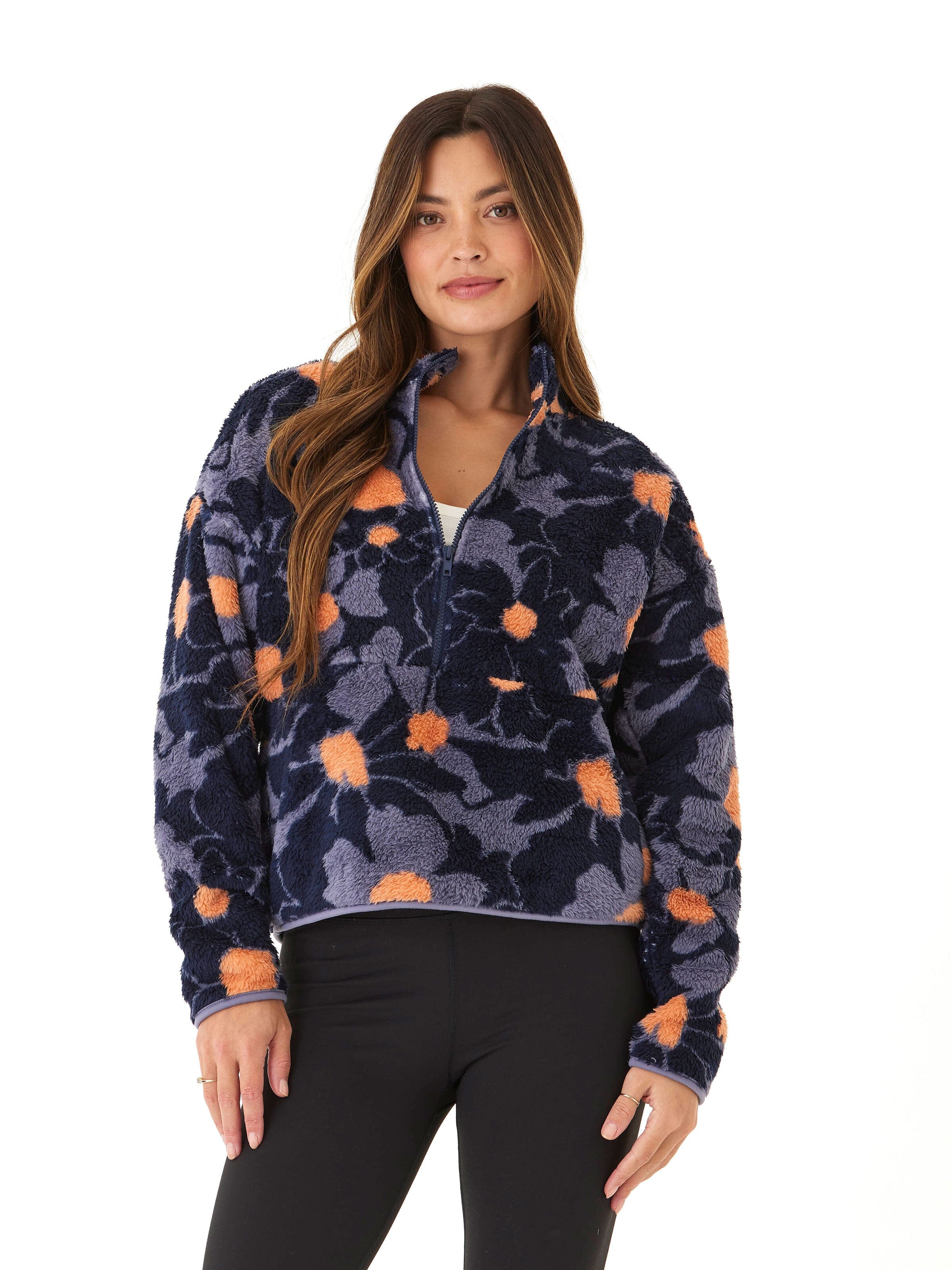 Abstract Bloom Print Sherpa 1/2-Zip Pullover for Women