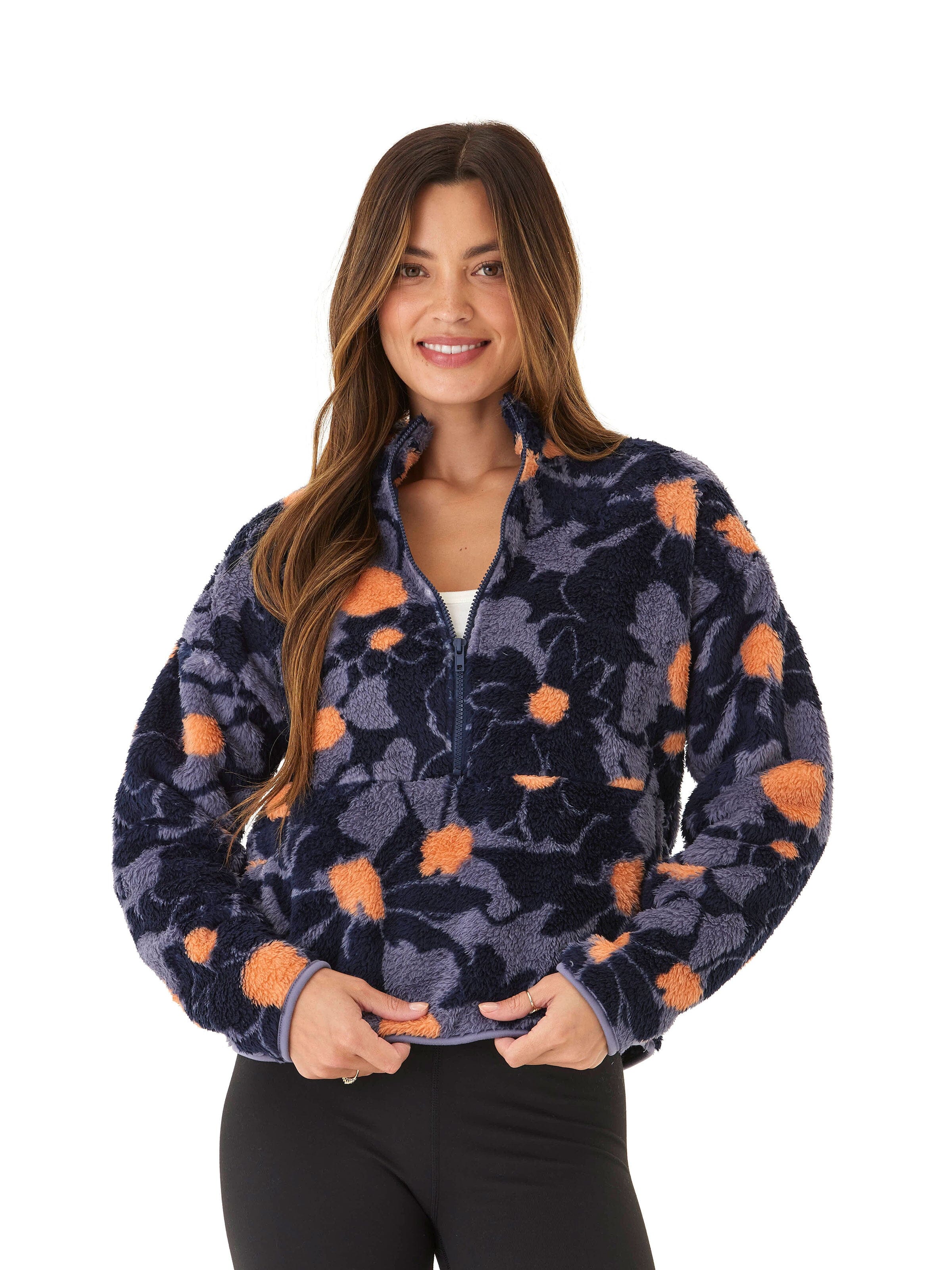 Abstract Bloom Print Sherpa 1/2-Zip Pullover for Women