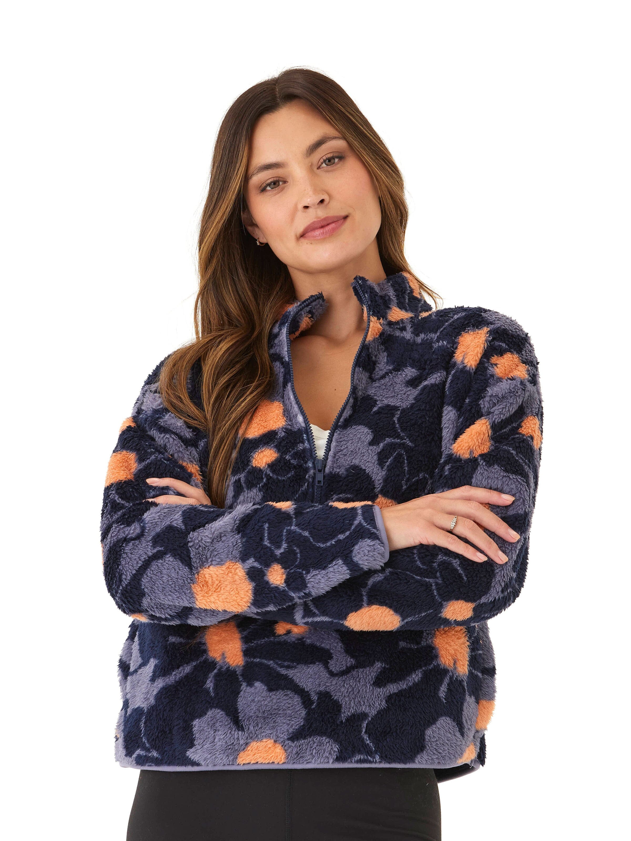 Abstract Bloom Print Sherpa 1/2-Zip Pullover for Women