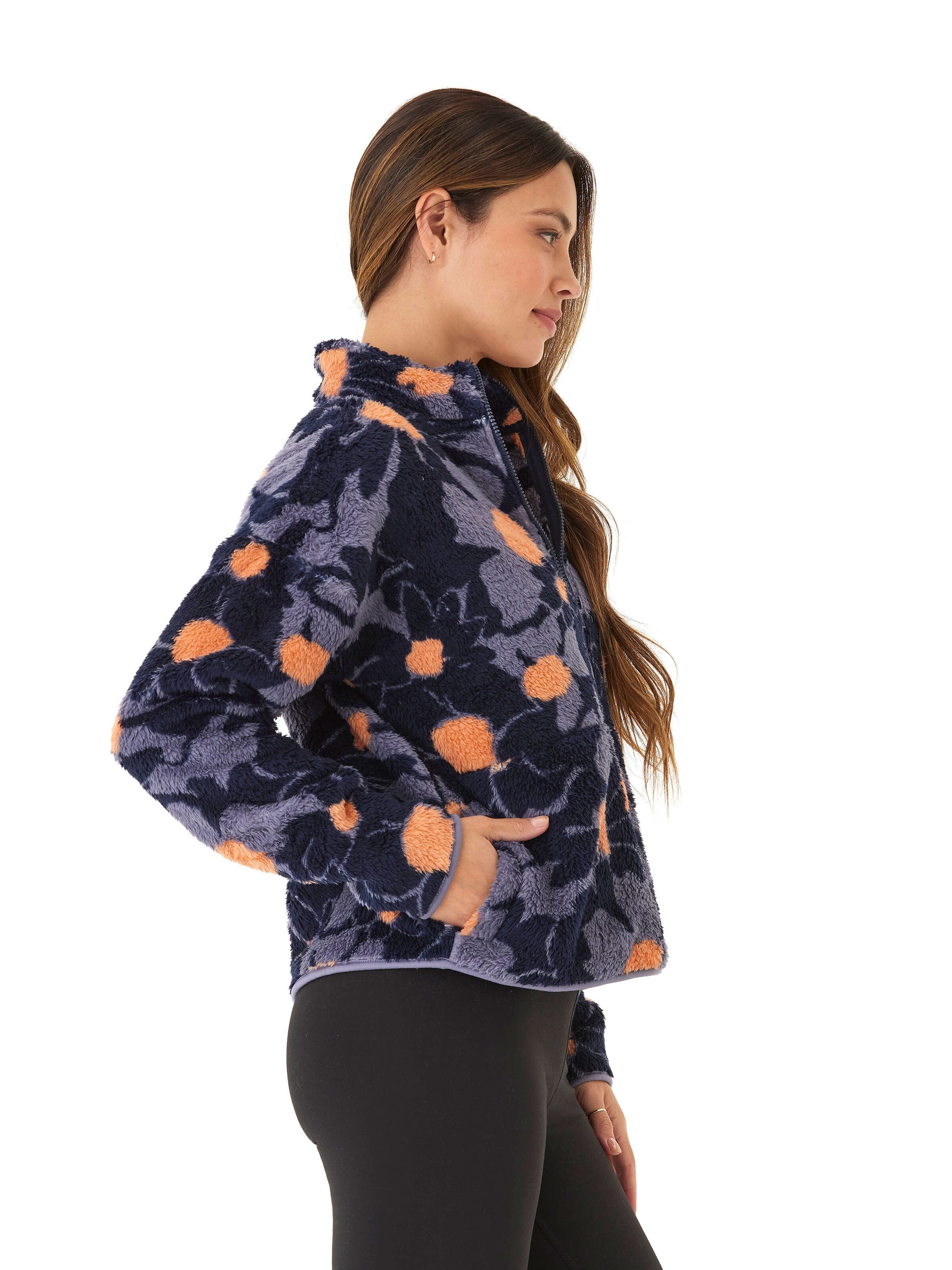 Abstract Bloom Print Sherpa 1/2-Zip Pullover for Women