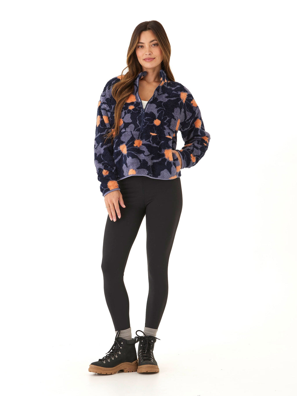 Abstract Bloom Print Sherpa 1/2-Zip Pullover for Women
