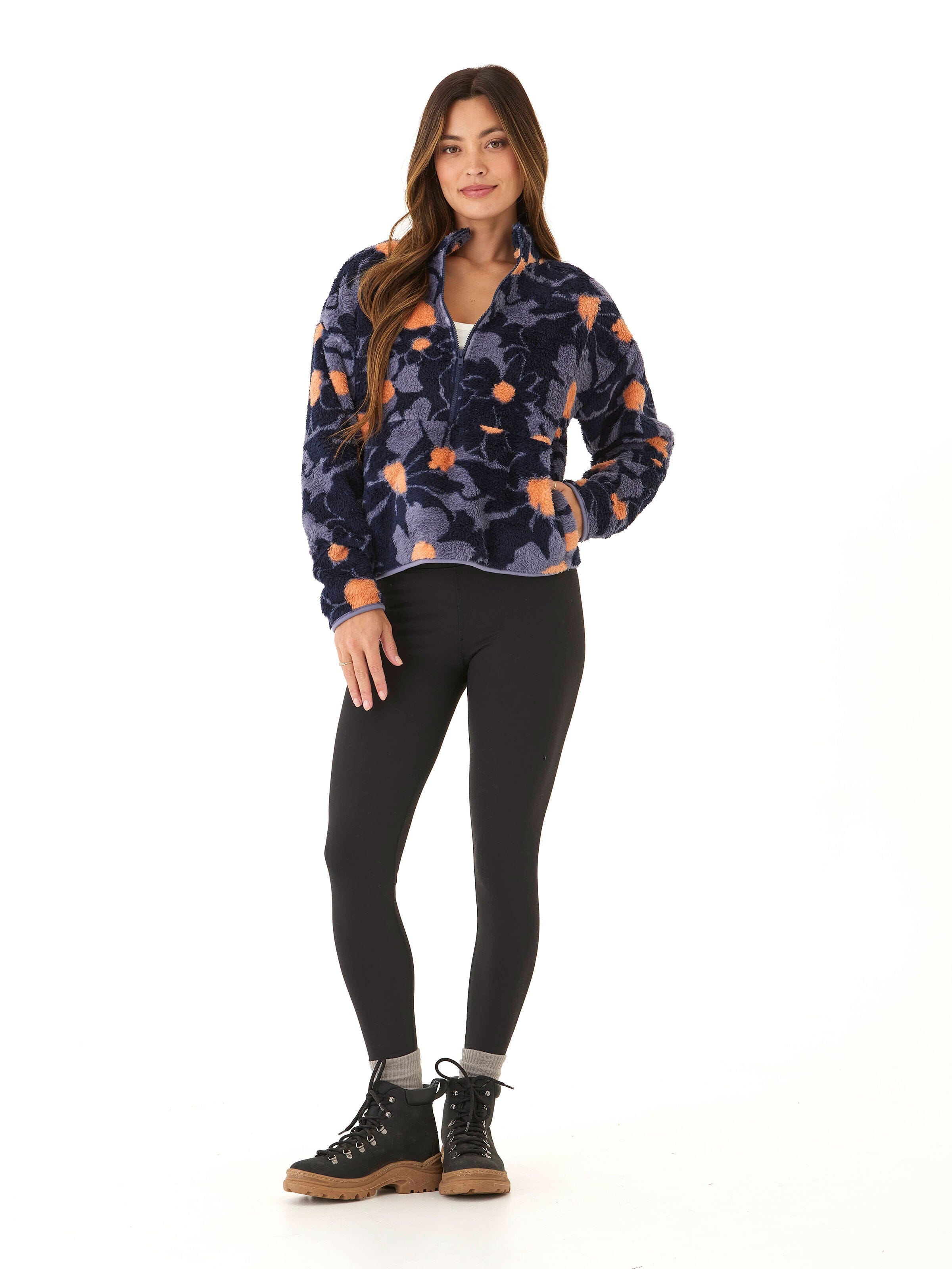 Abstract Bloom Print Sherpa 1/2-Zip Pullover for Women