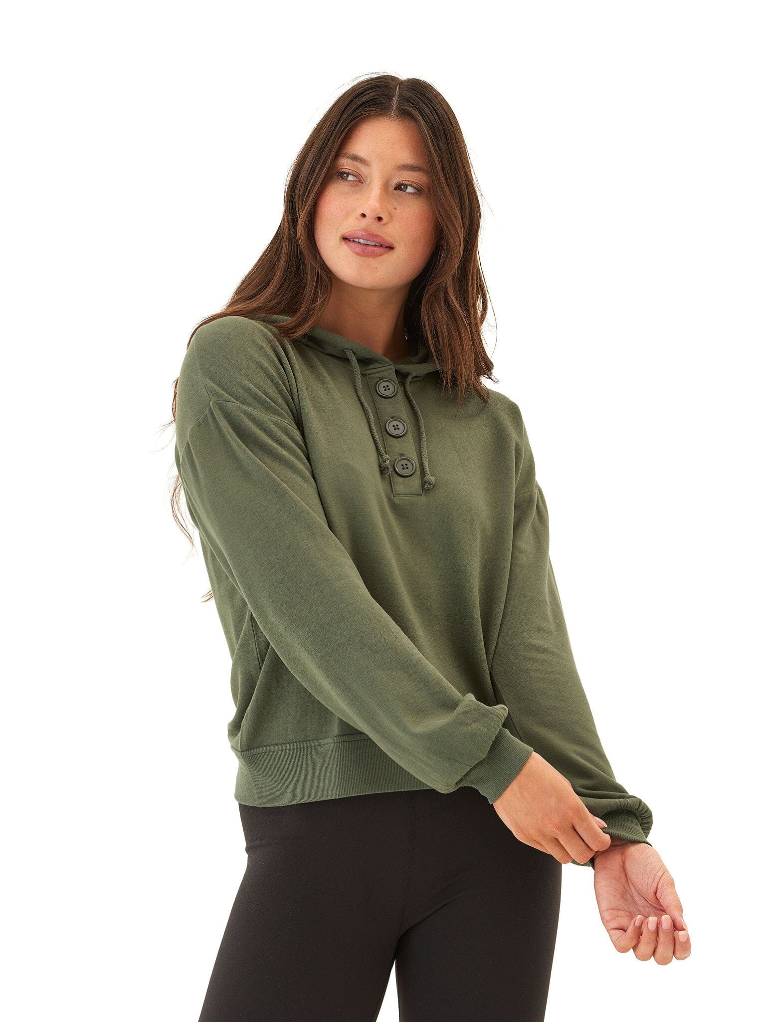 Women's olive green Feather Fleece henley hoodie with drawstring and button-front detail