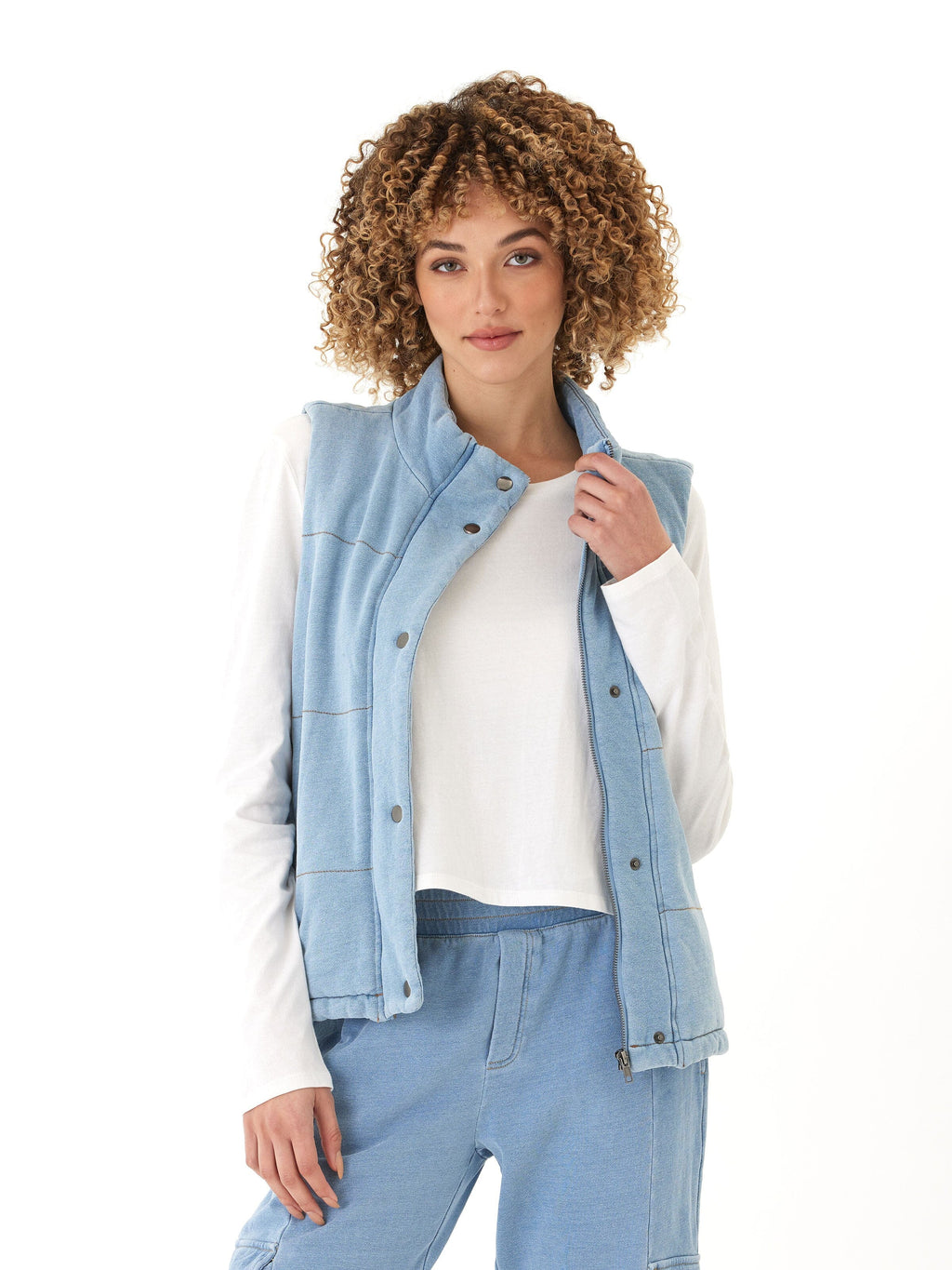 Malia Denim Terry Puffer Vest with Snap Buttons and Pockets