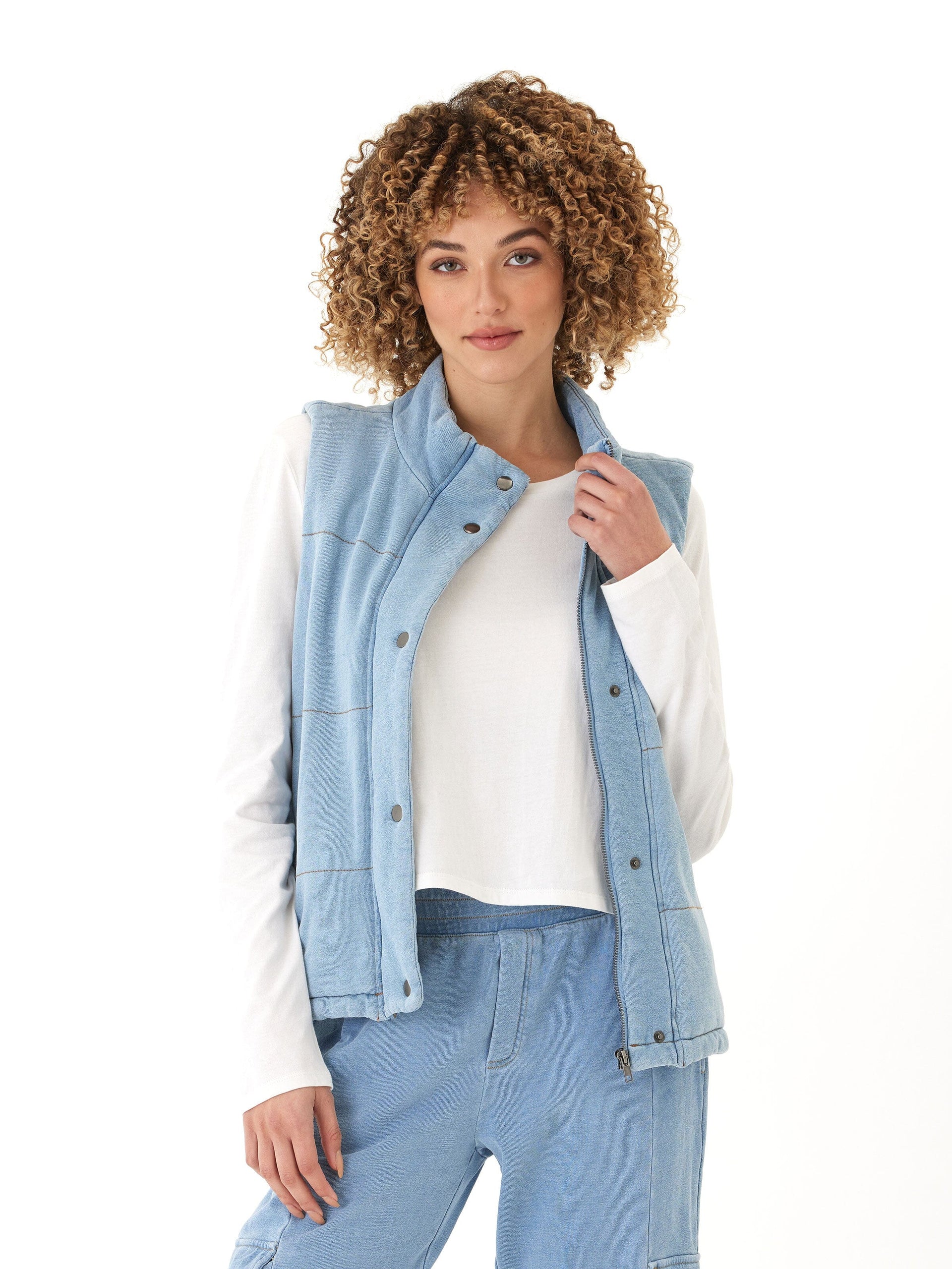 Malia Denim Terry Puffer Vest with Snap Buttons and Pockets
