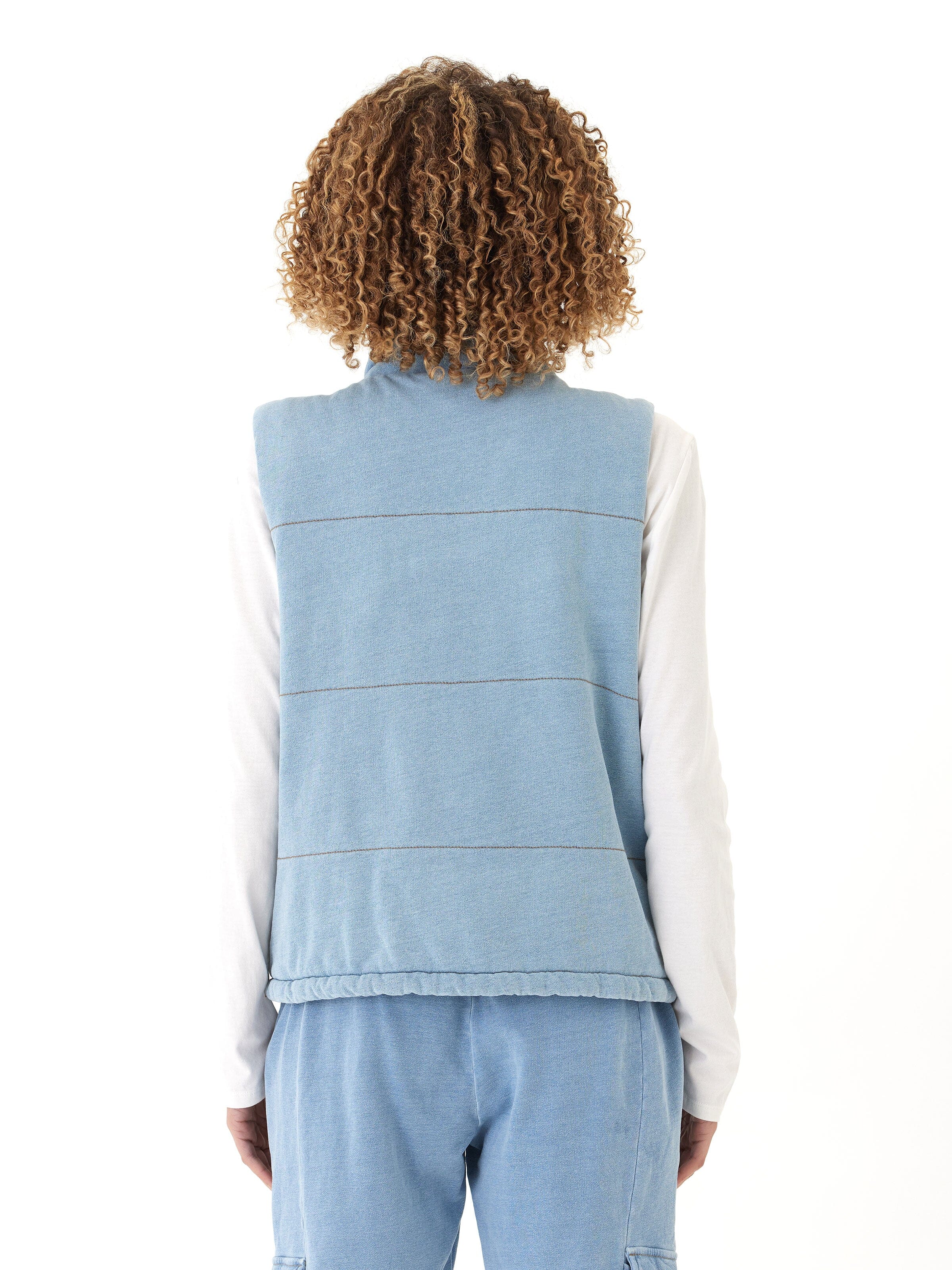 Malia Denim Terry Puffer Vest with Snap Buttons and Pockets