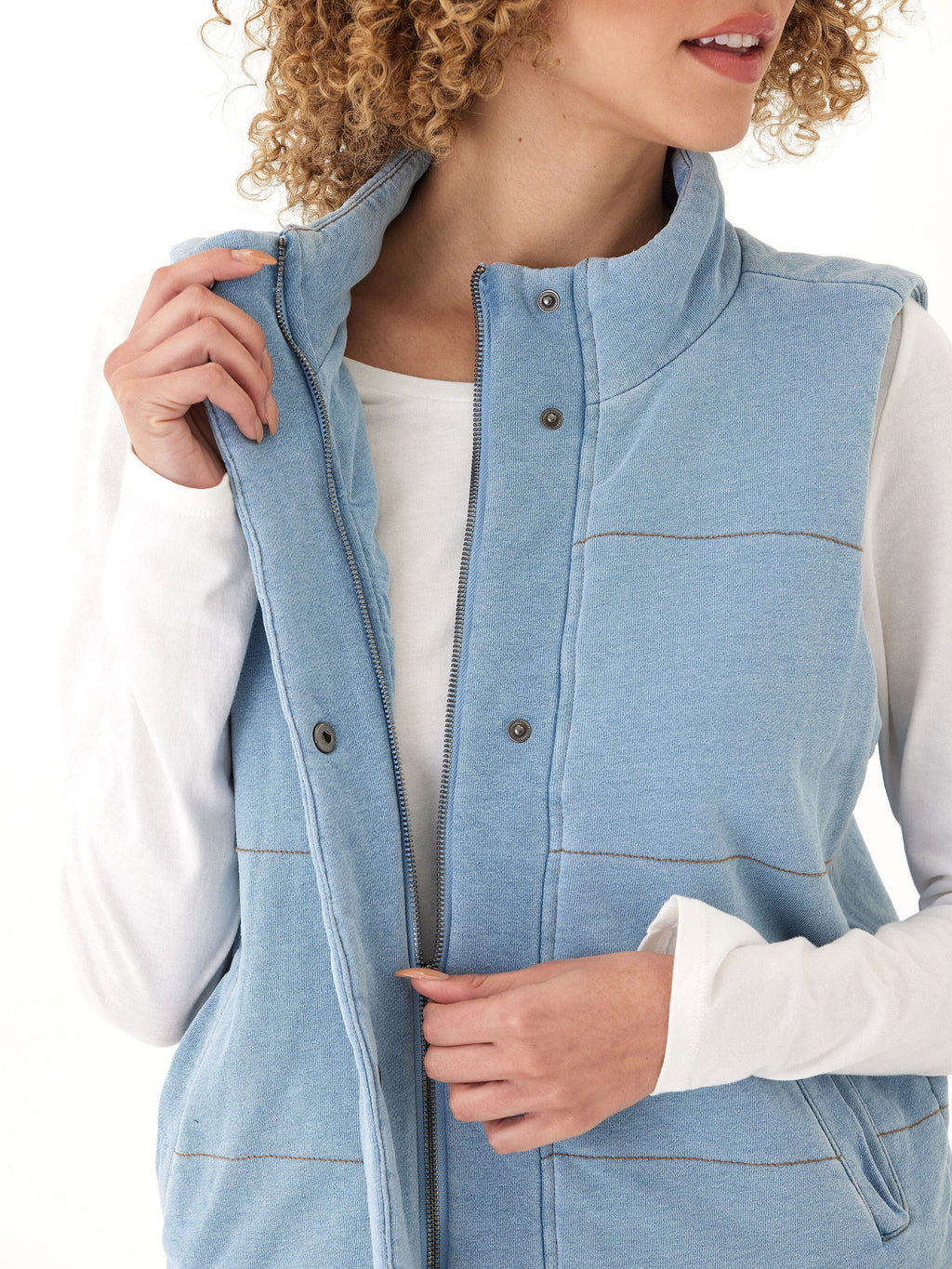 Malia Denim Terry Puffer Vest with Snap Buttons and Pockets