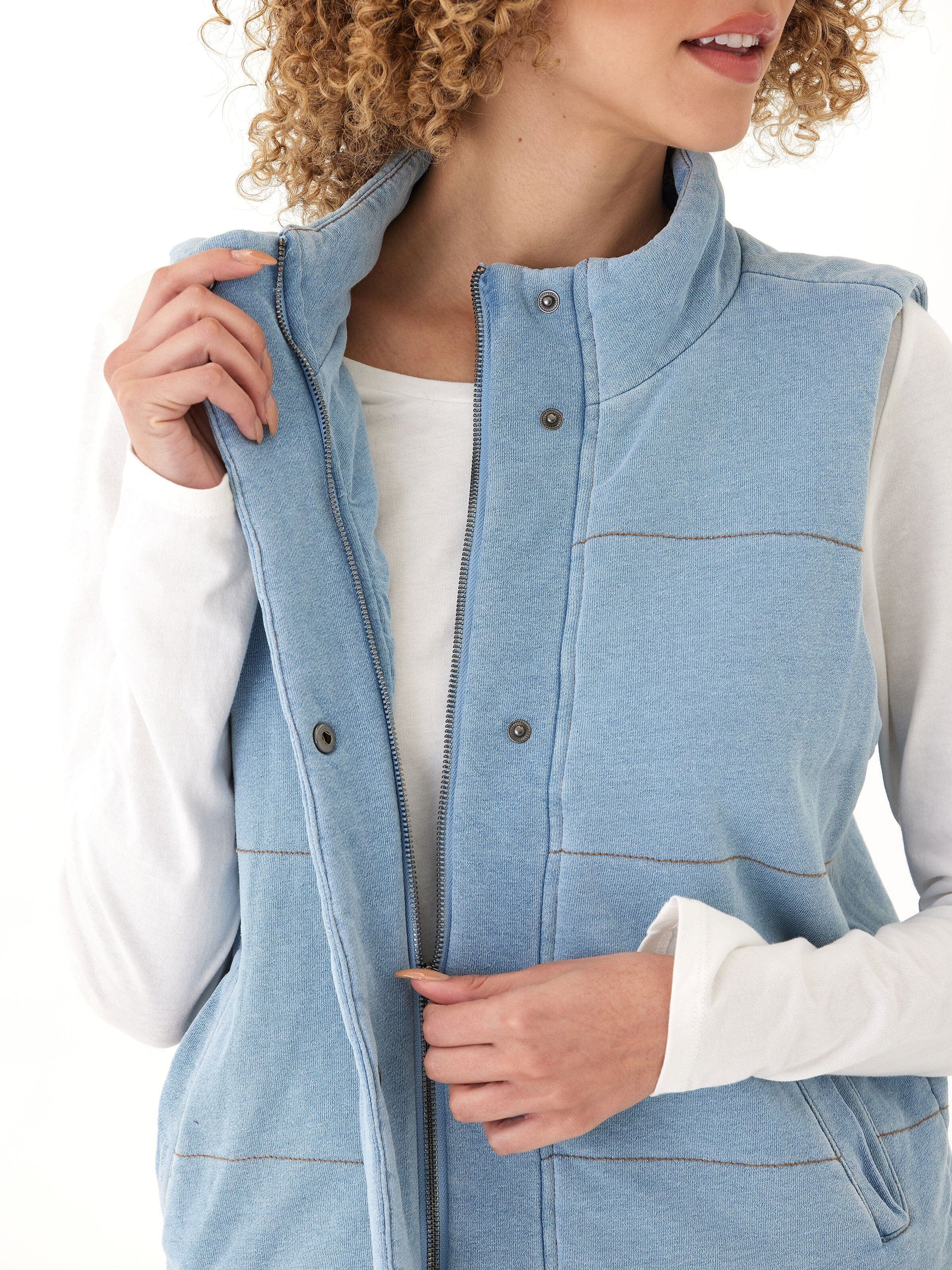 Malia Denim Terry Puffer Vest with Snap Buttons and Pockets
