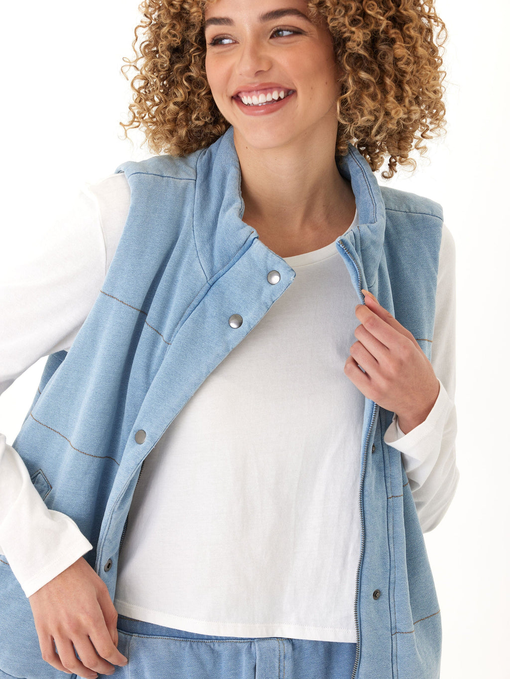 Malia Denim Terry Puffer Vest with Snap Buttons and Pockets