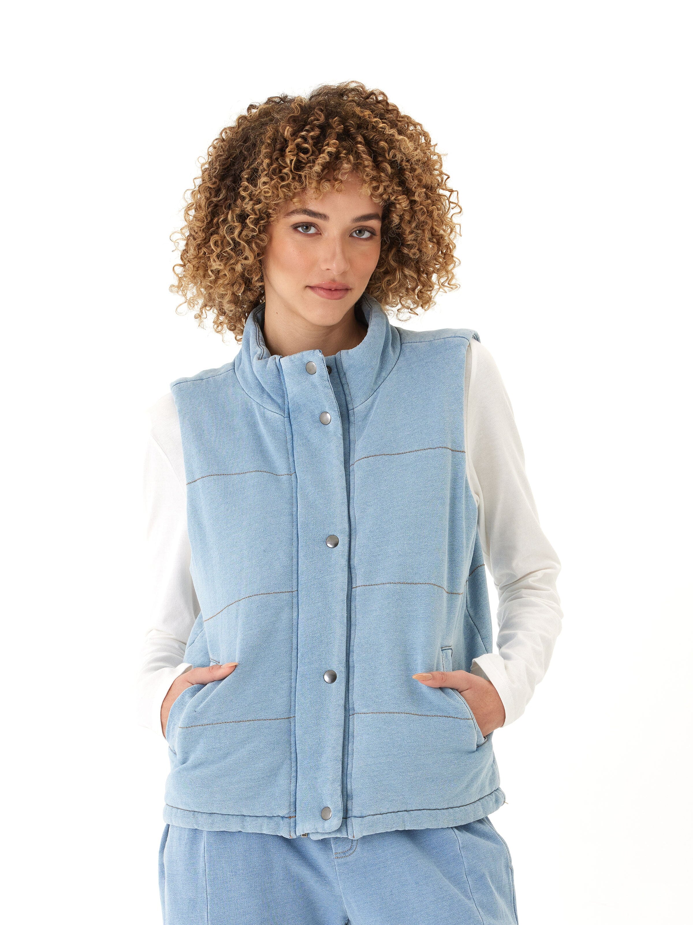 Malia Denim Terry Puffer Vest with Snap Buttons and Pockets
