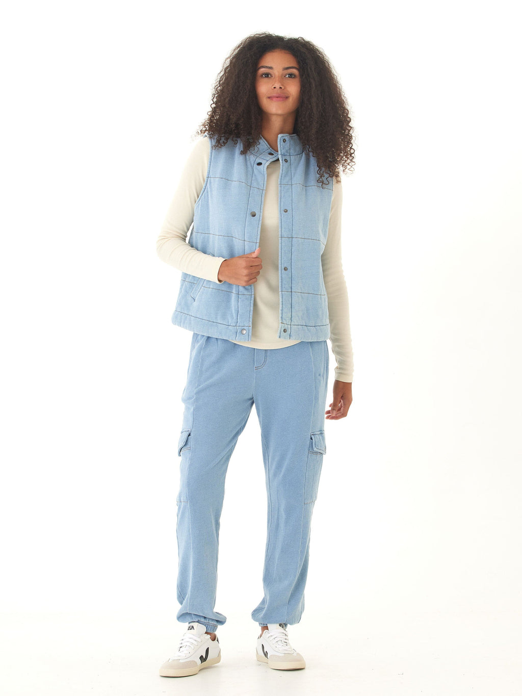 Daphnie Denim Terry Cargo Jogger in Light-Blue Utility Style