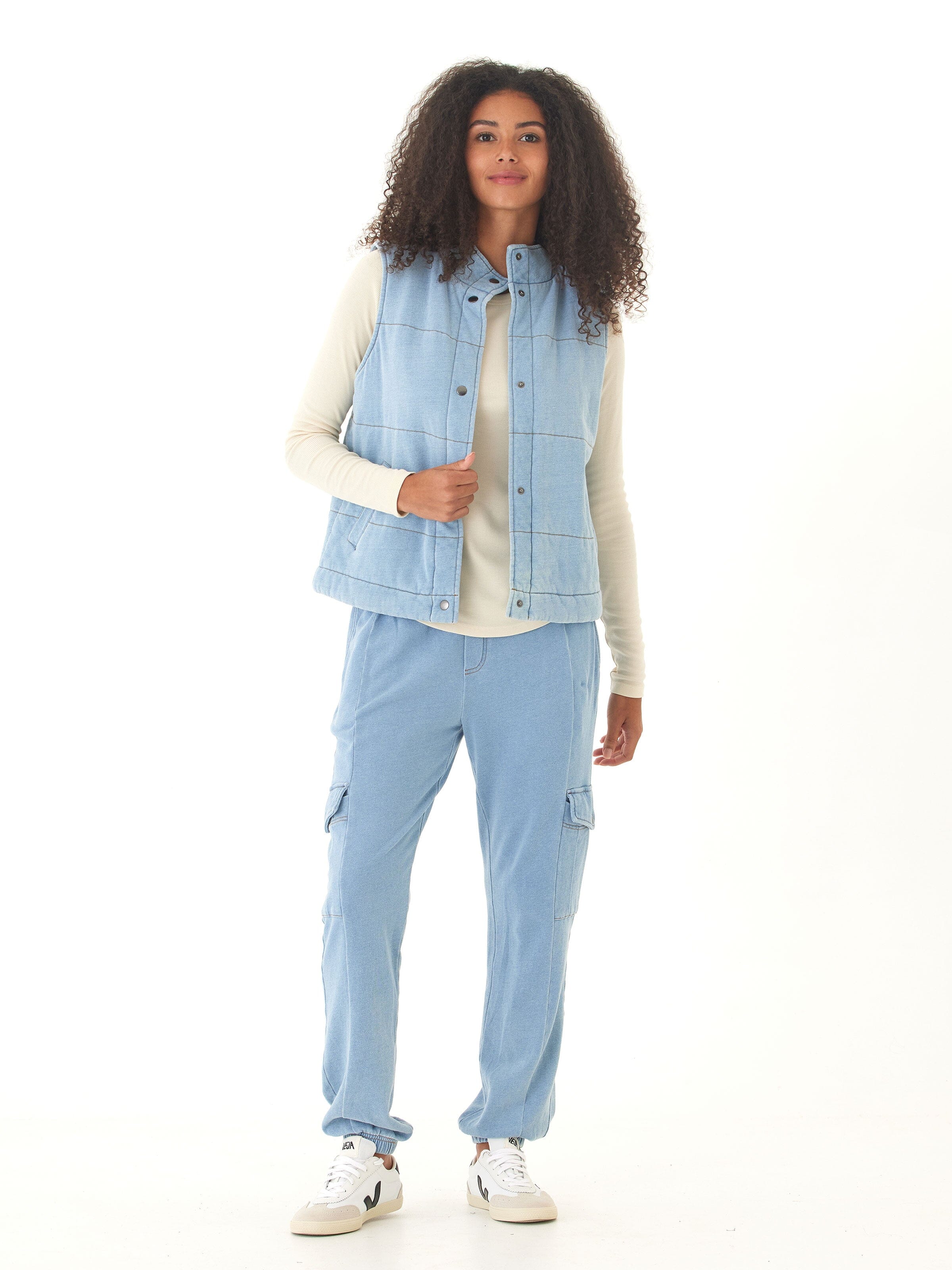 Daphnie Denim Terry Cargo Jogger in Light-Blue Utility Style