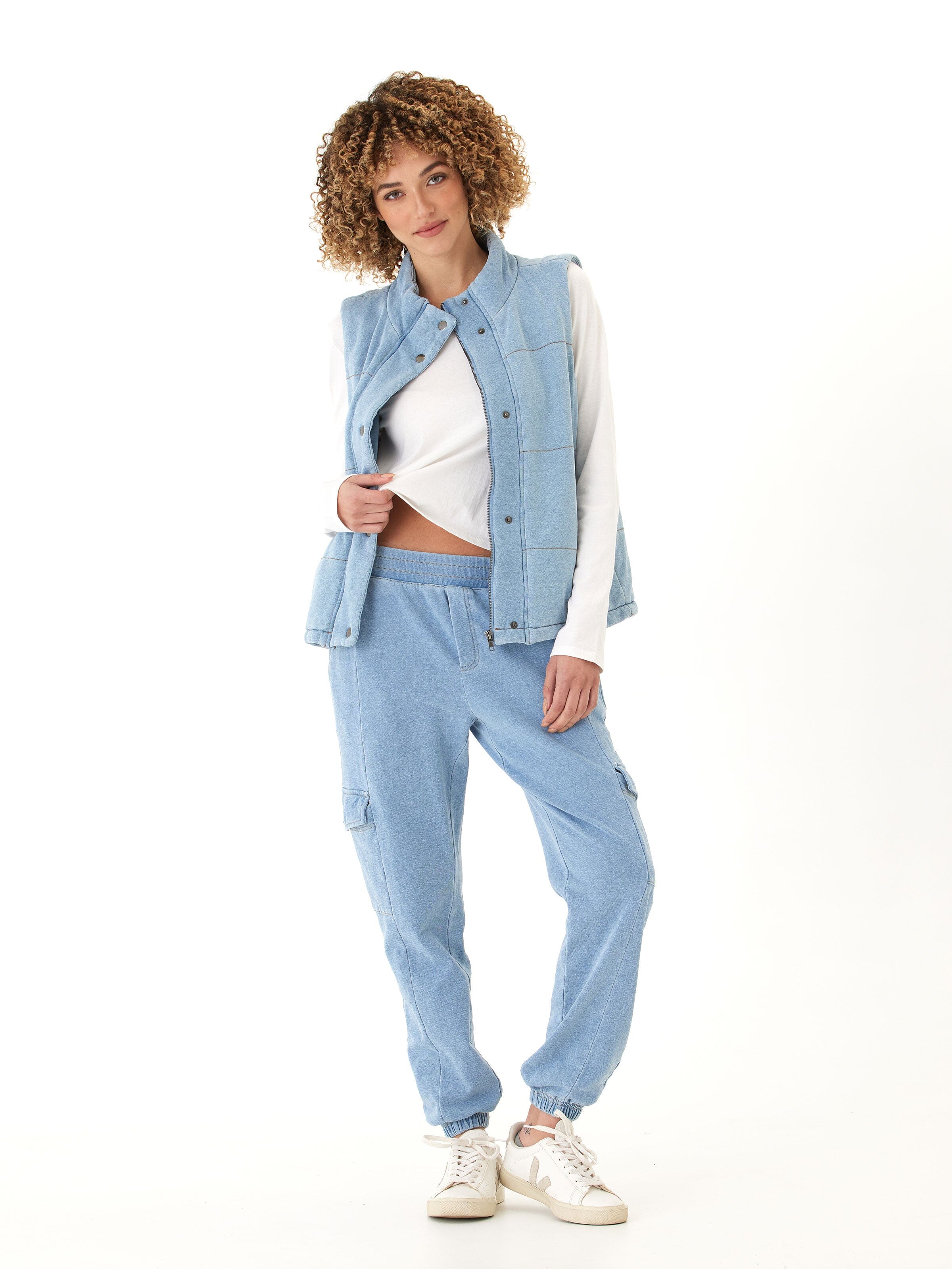 Malia Denim Terry Puffer Vest with Snap Buttons and Pockets