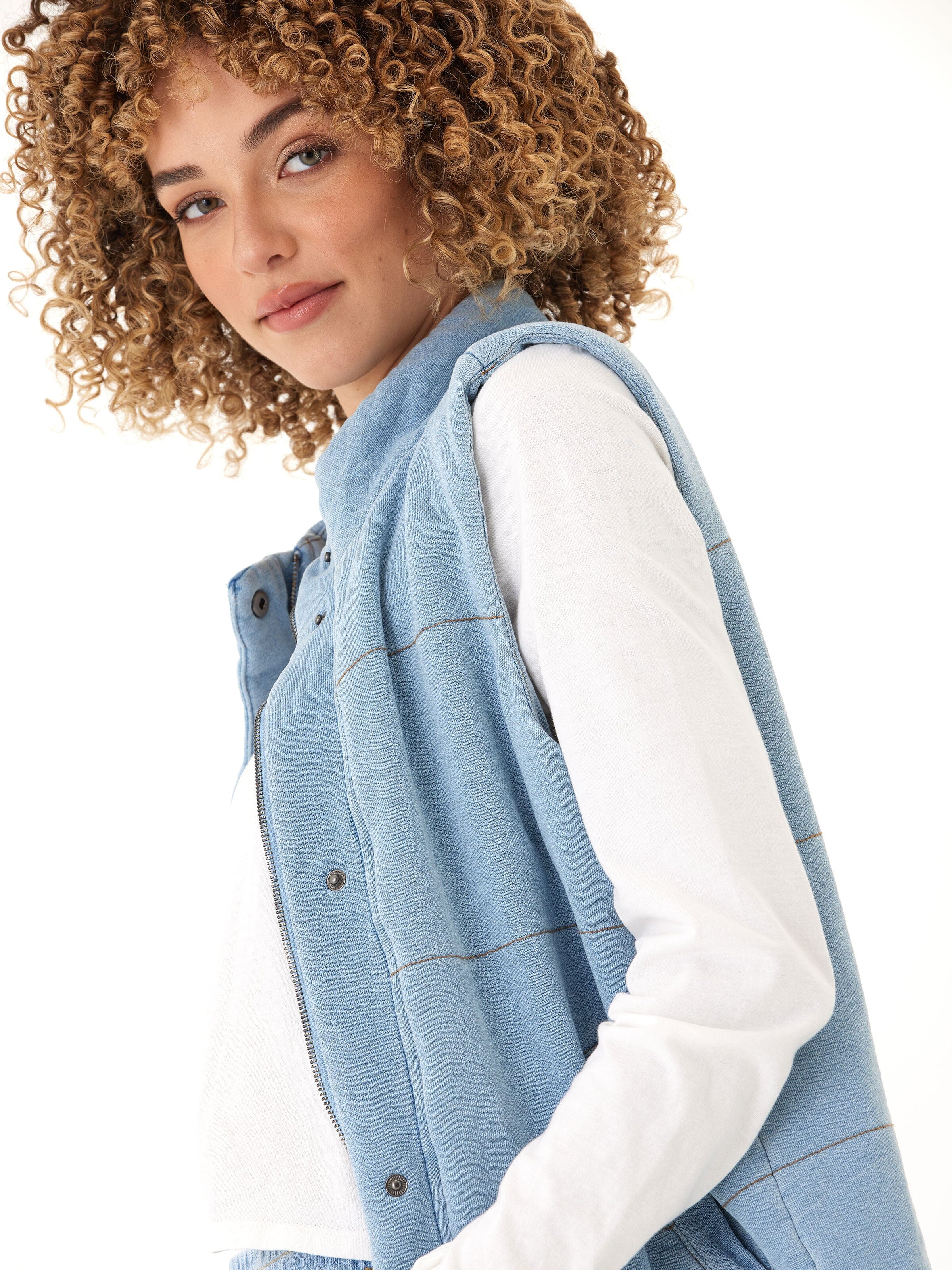Malia Denim Terry Puffer Vest with Snap Buttons and Pockets