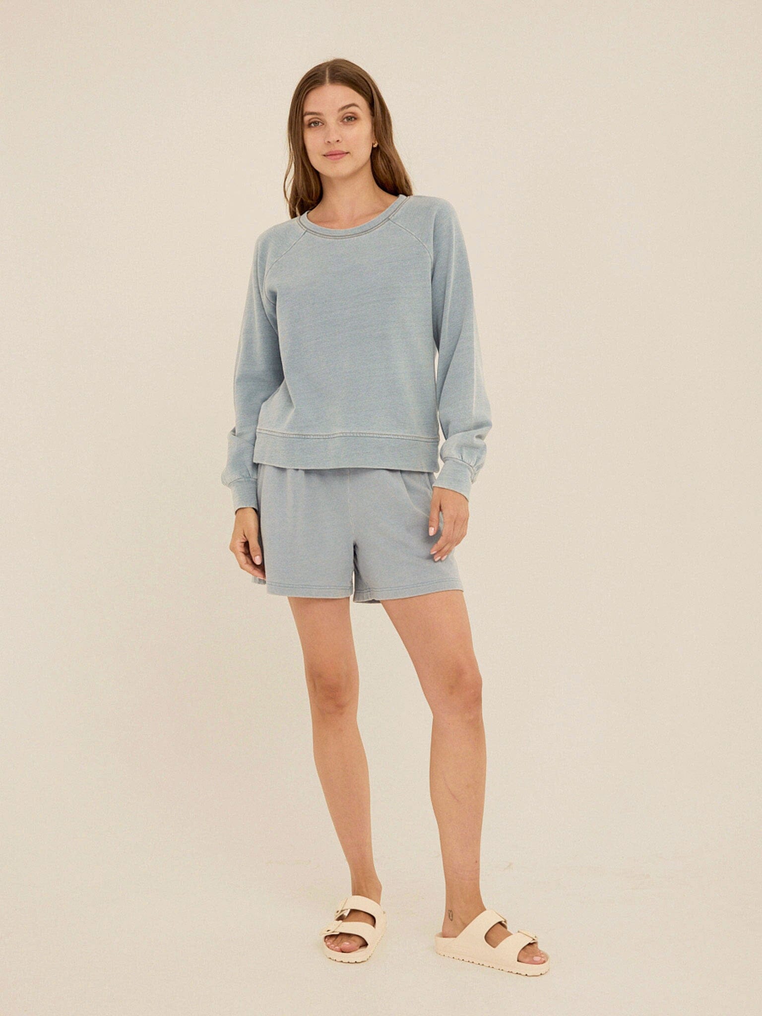 Mabel Denim Terry Raglan Pullover in Light Blue