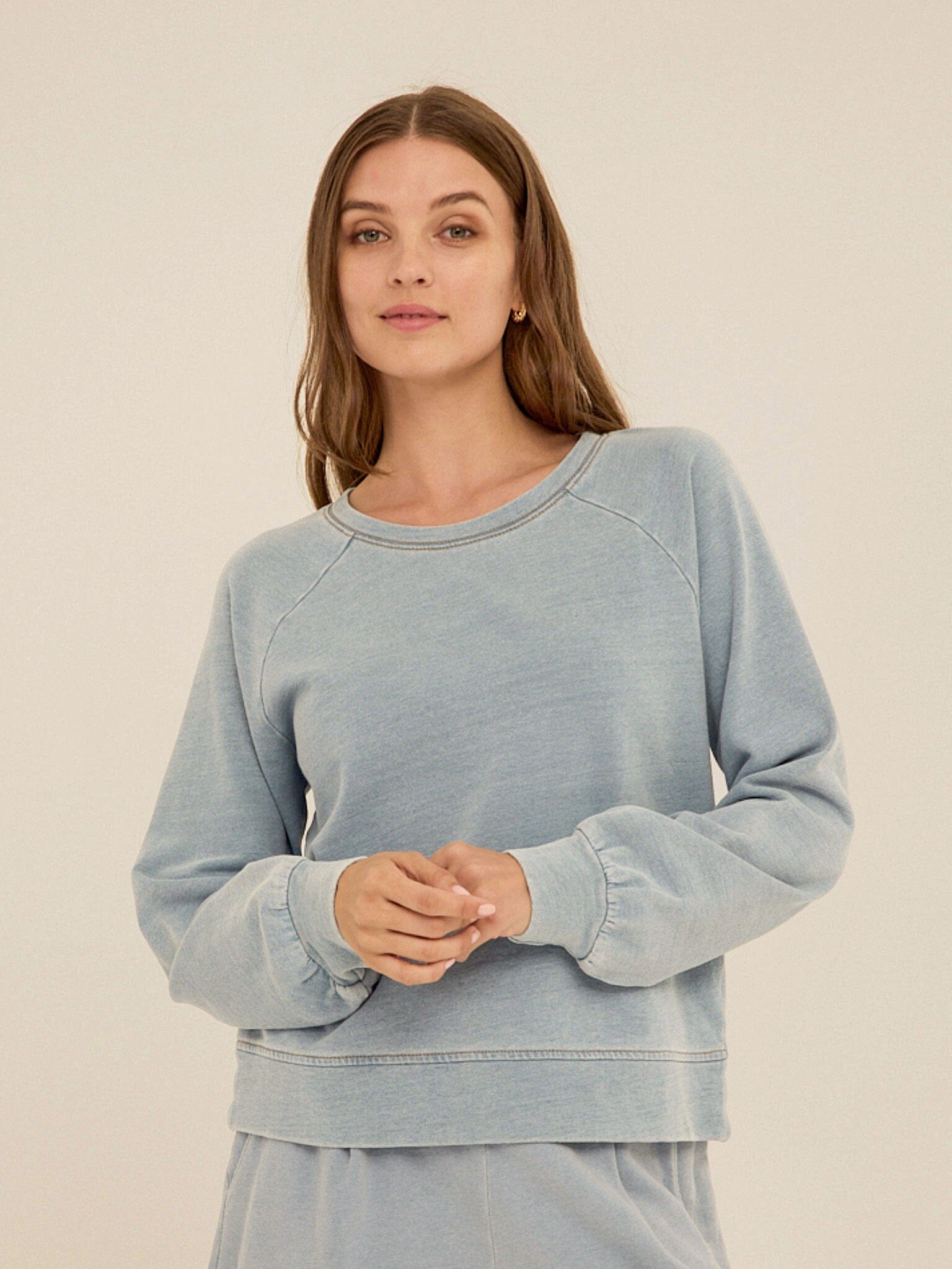 Mabel Denim Terry Raglan Pullover in Light Blue