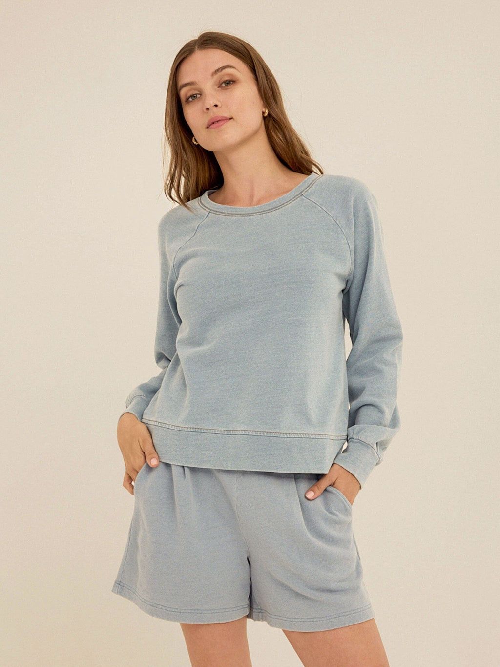 Mabel Denim Terry Raglan Pullover in Light Blue