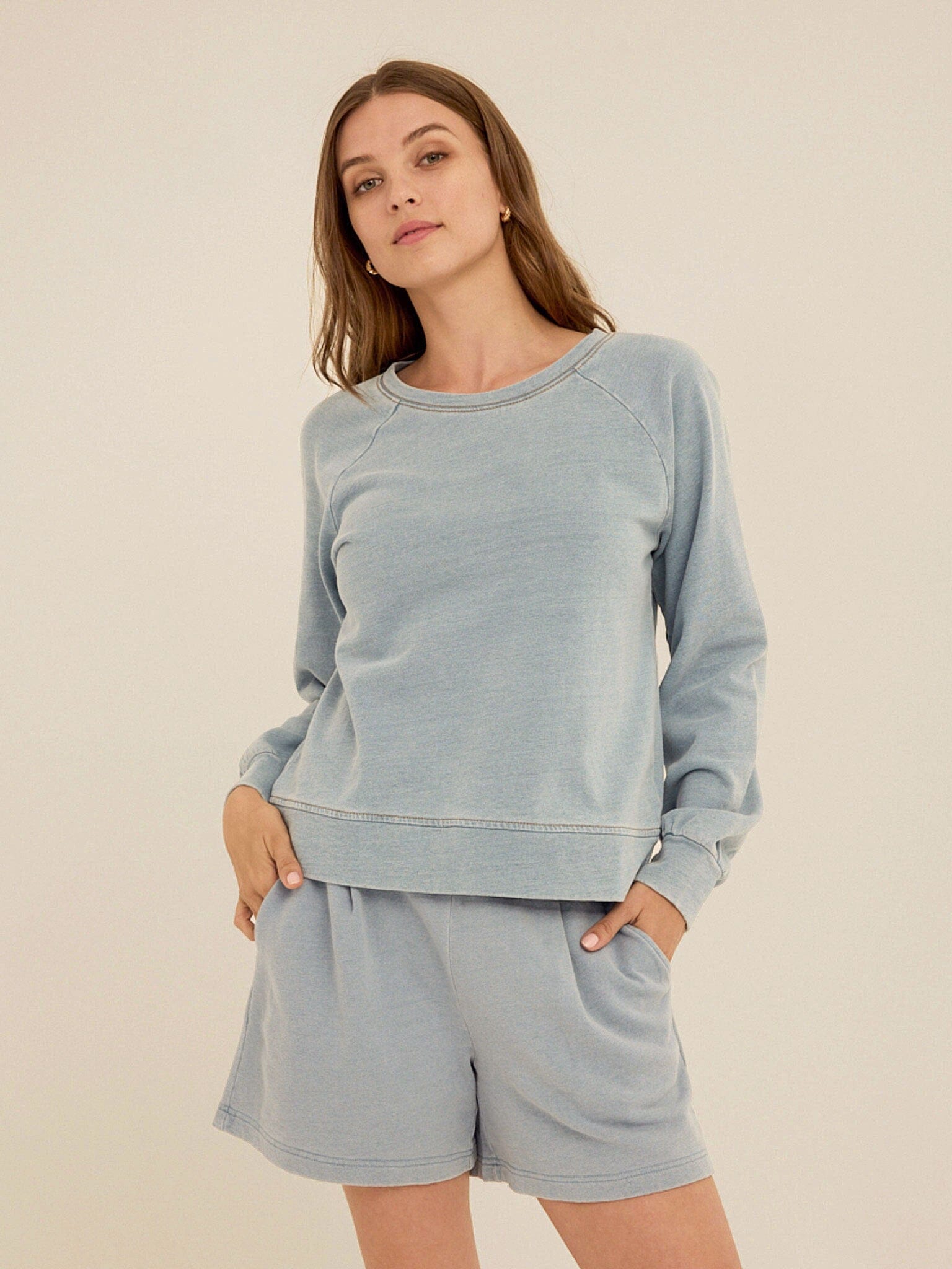 Mabel Denim Terry Raglan Pullover in Light Blue