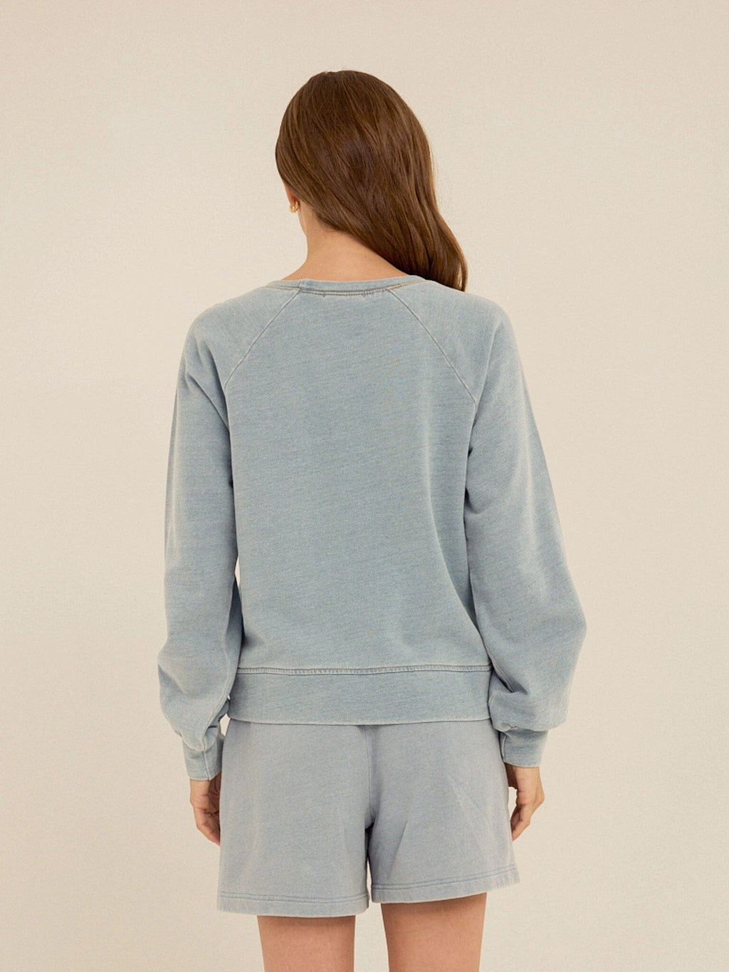 Mabel Denim Terry Raglan Pullover in Light Blue