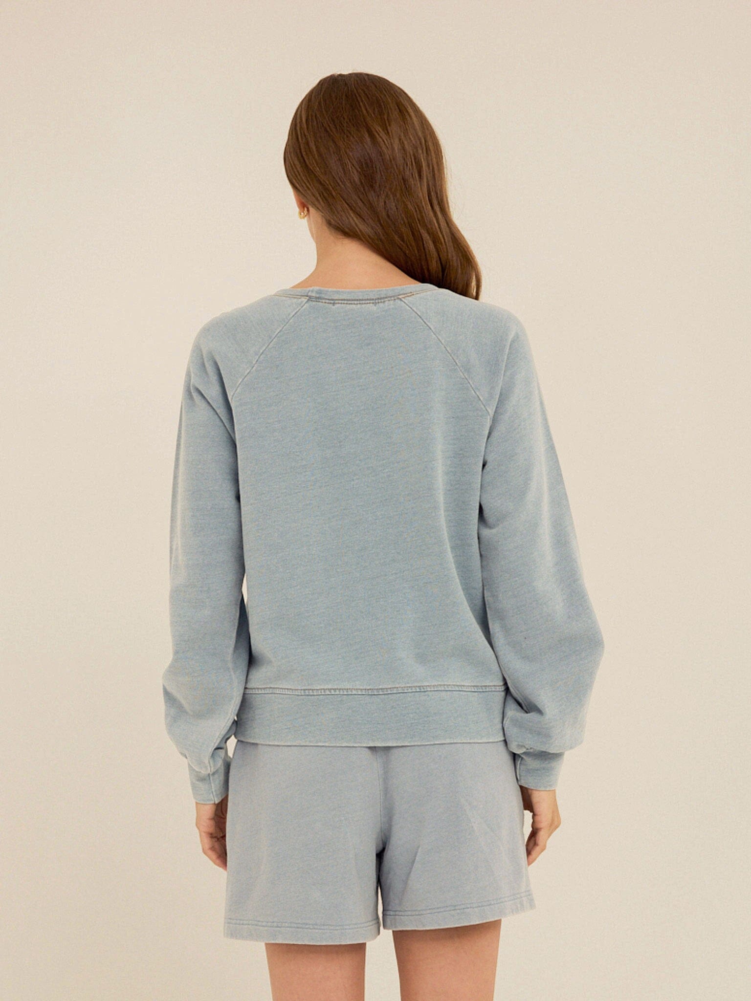 Mabel Denim Terry Raglan Pullover in Light Blue