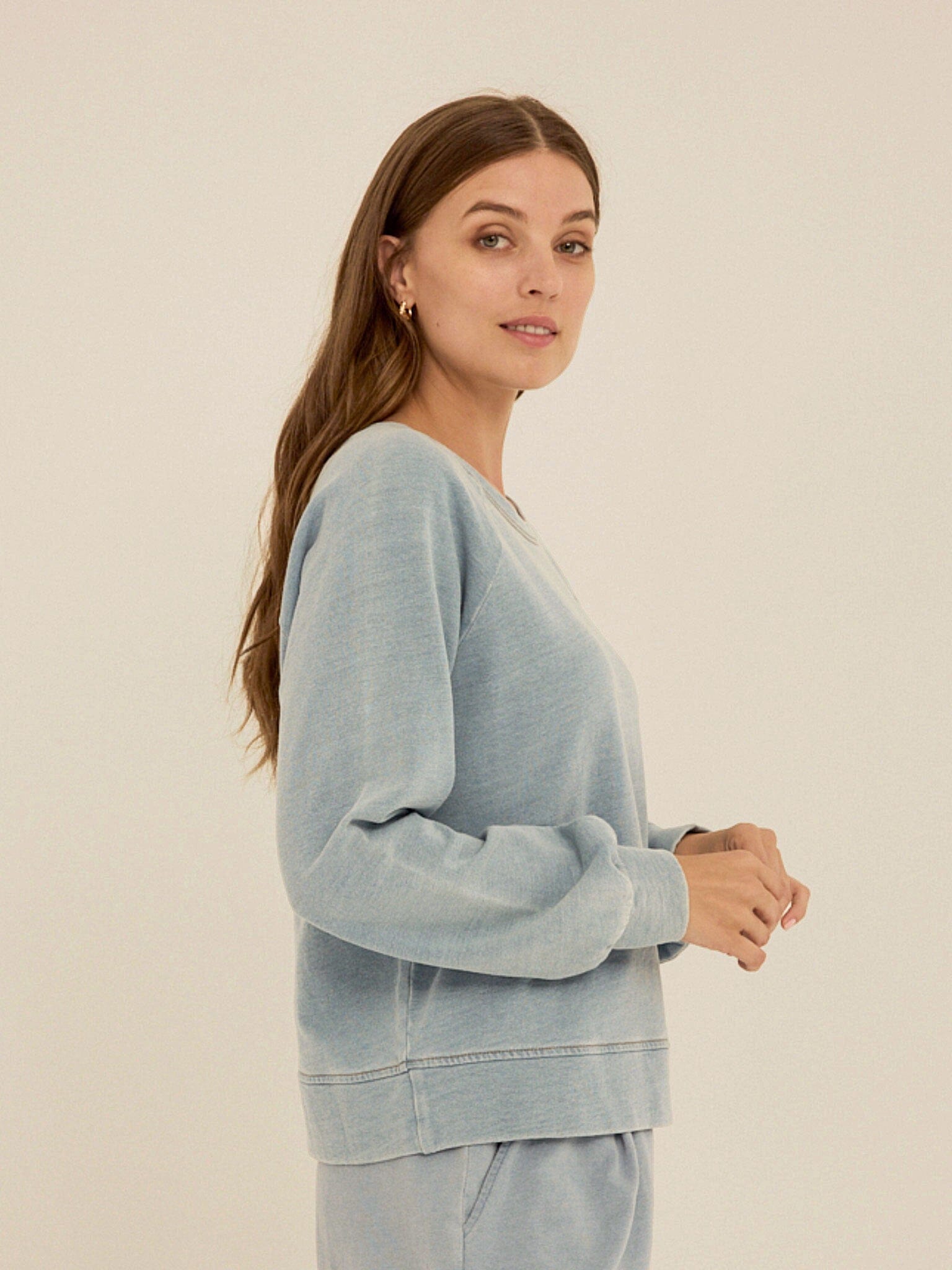 Mabel Denim Terry Raglan Pullover in Light Blue