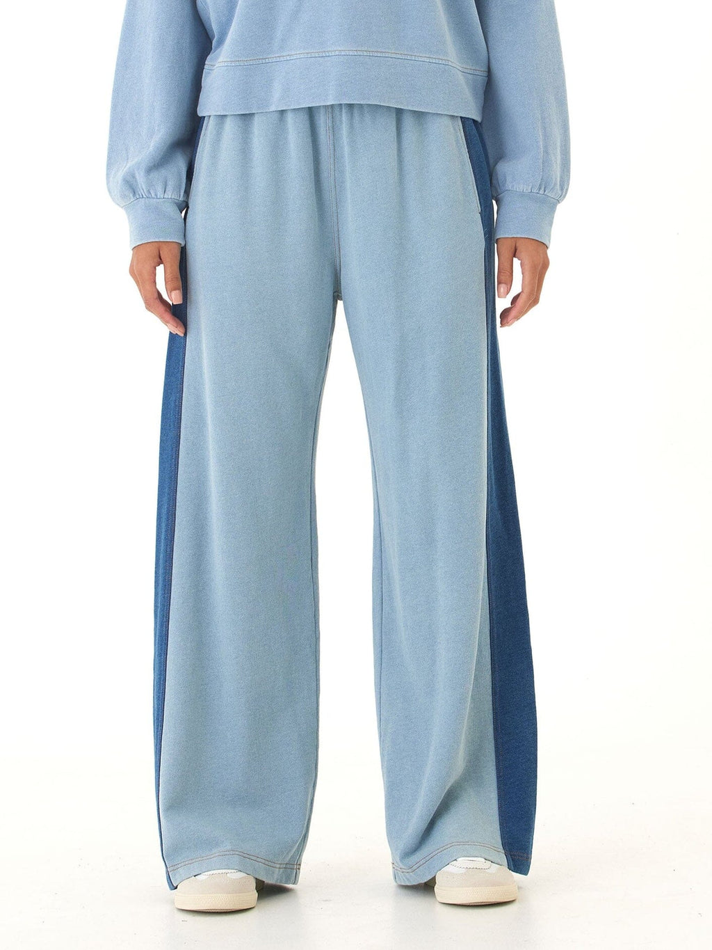 Dorothy Denim Terry Contrast Panel Wide-Leg Pant, Sporty Loungewear