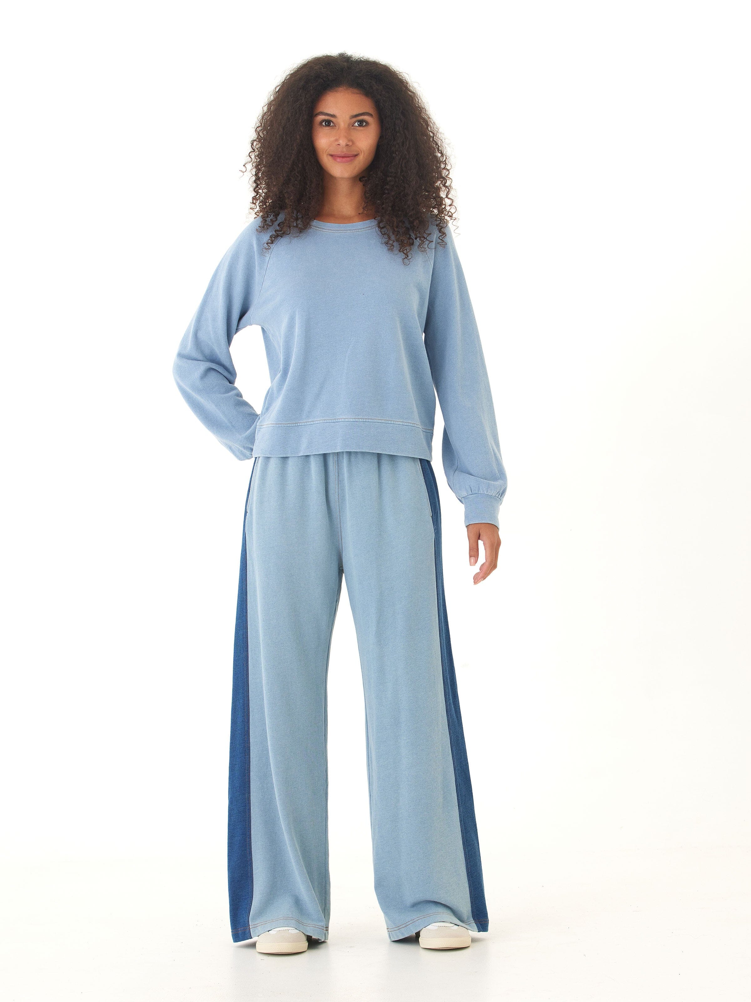 Dorothy Denim Terry Contrast Panel Wide-Leg Pant, Sporty Loungewear