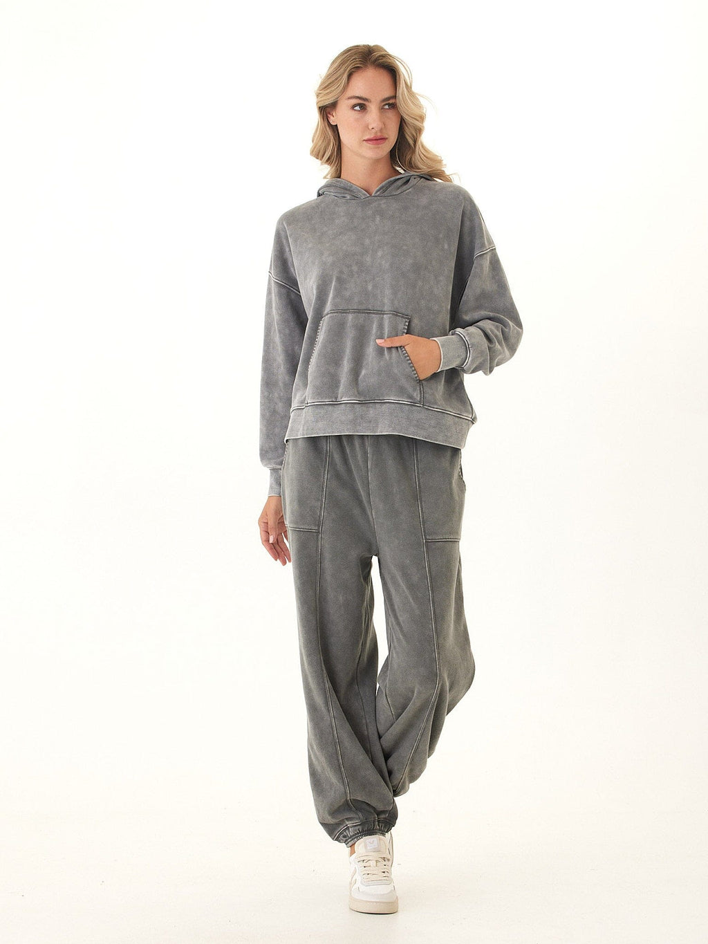 Marcellina Mineral Wash CVC Fleece Pullover Hoodie in Grey
