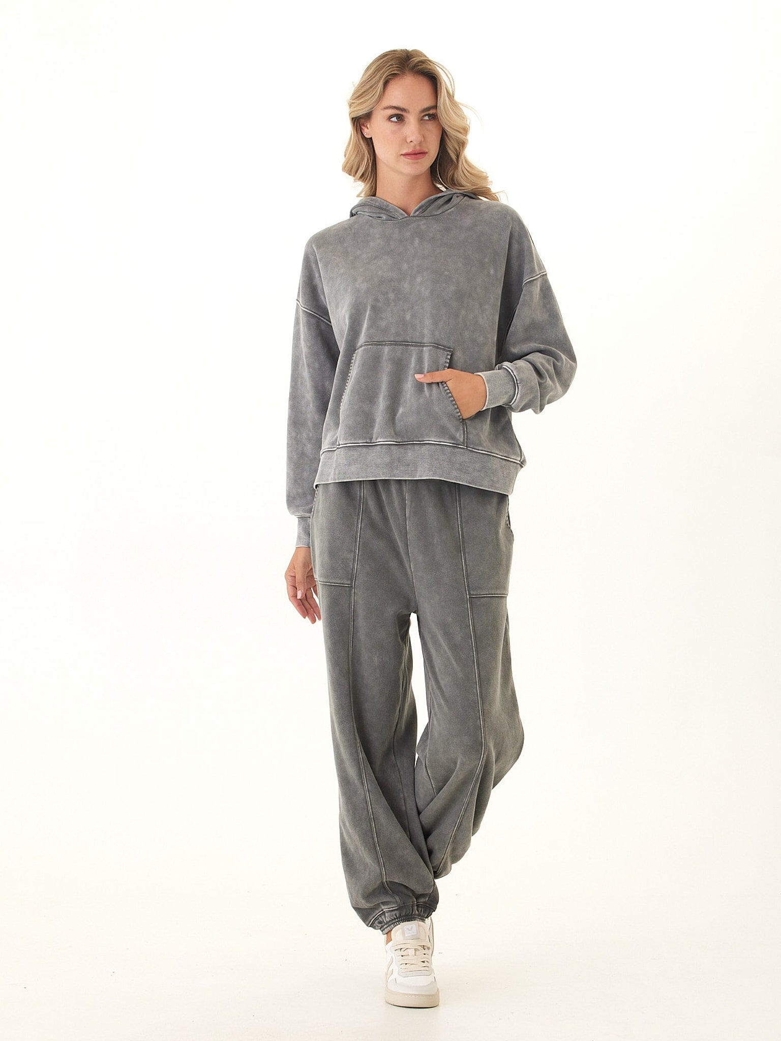 Marcellina Mineral Wash CVC Fleece Pullover Hoodie in Grey