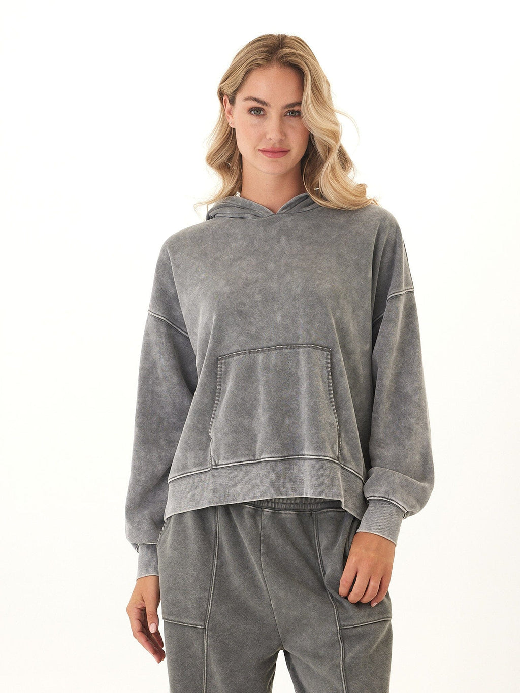 Marcellina Mineral Wash CVC Fleece Pullover Hoodie in Grey