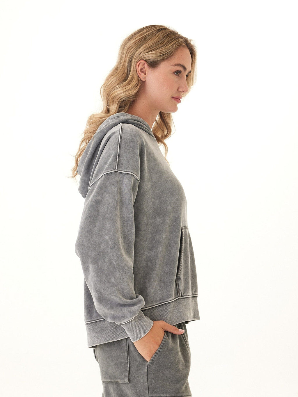 Marcellina Mineral Wash CVC Fleece Pullover Hoodie in Grey