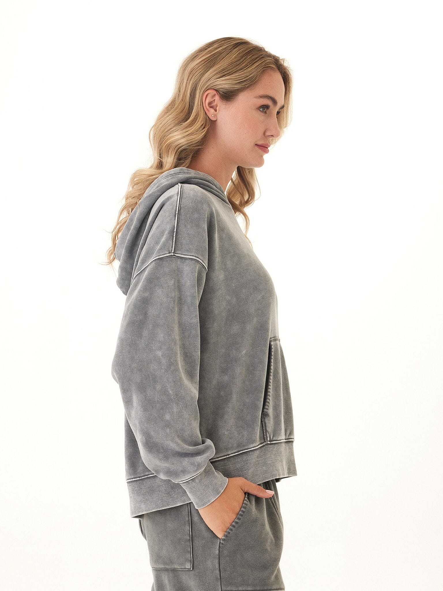 Marcellina Mineral Wash CVC Fleece Pullover Hoodie in Grey