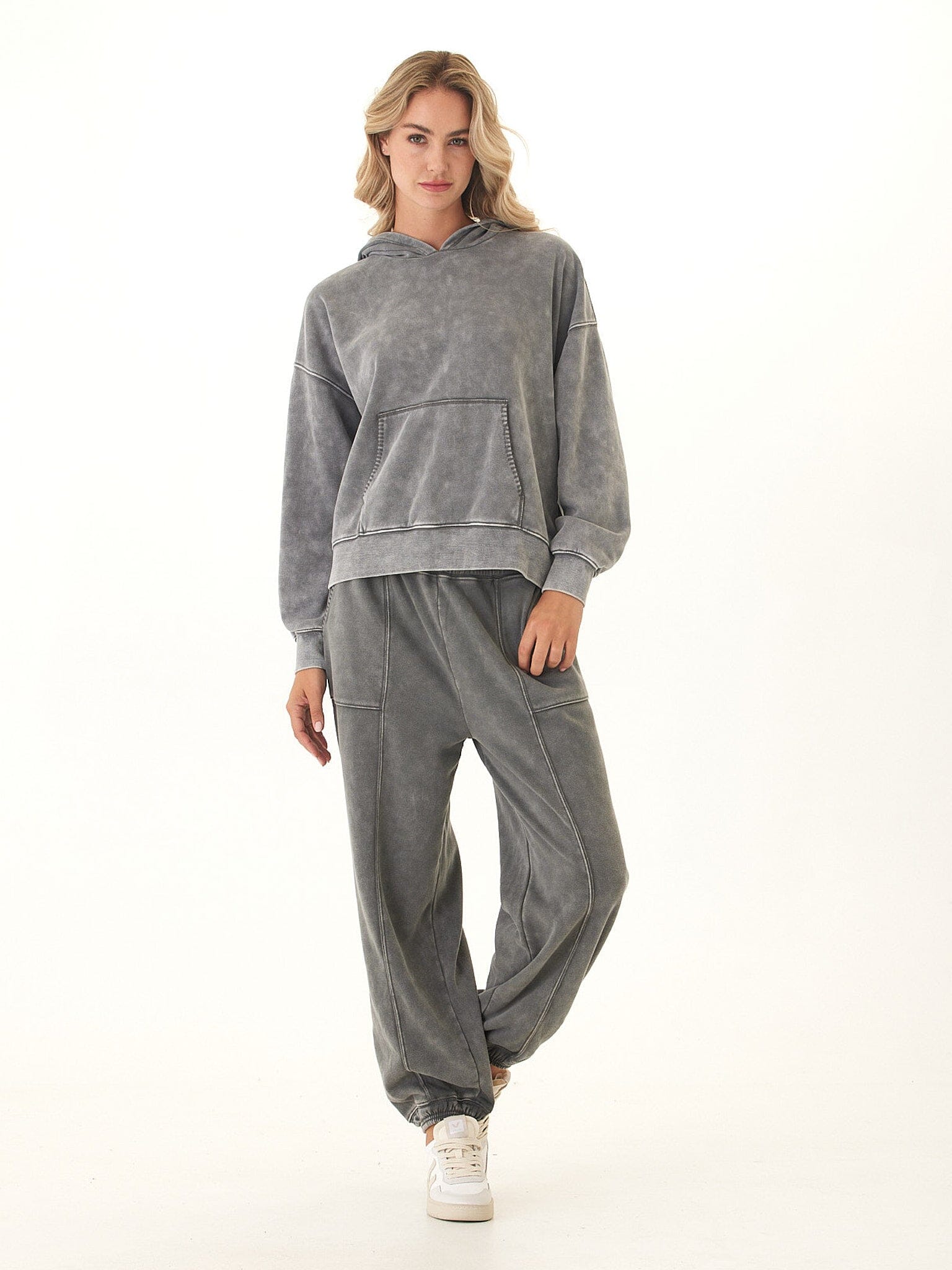 Marcellina Mineral Wash CVC Fleece Pullover Hoodie in Grey