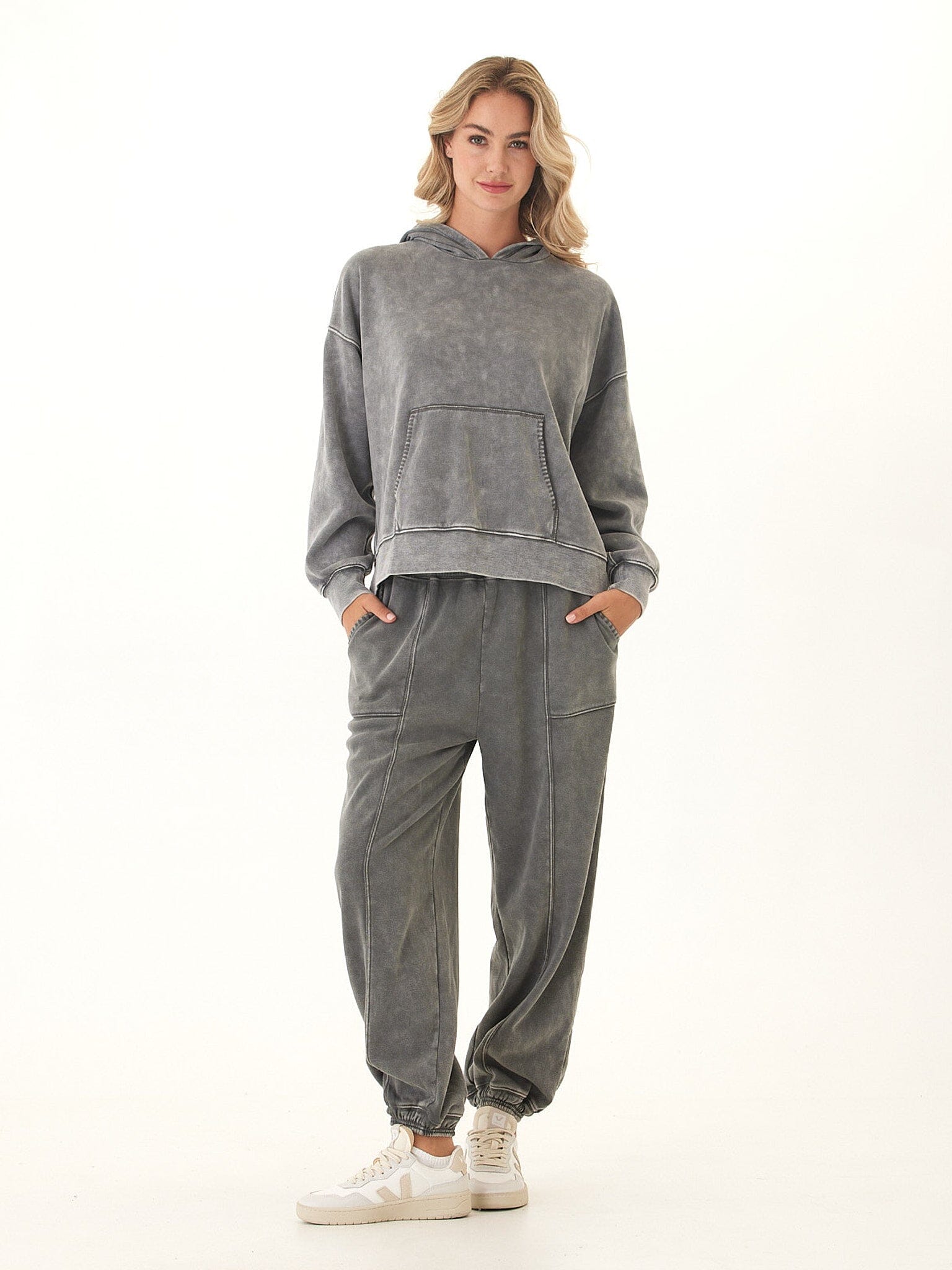 Marcellina Mineral Wash CVC Fleece Pullover Hoodie in Grey