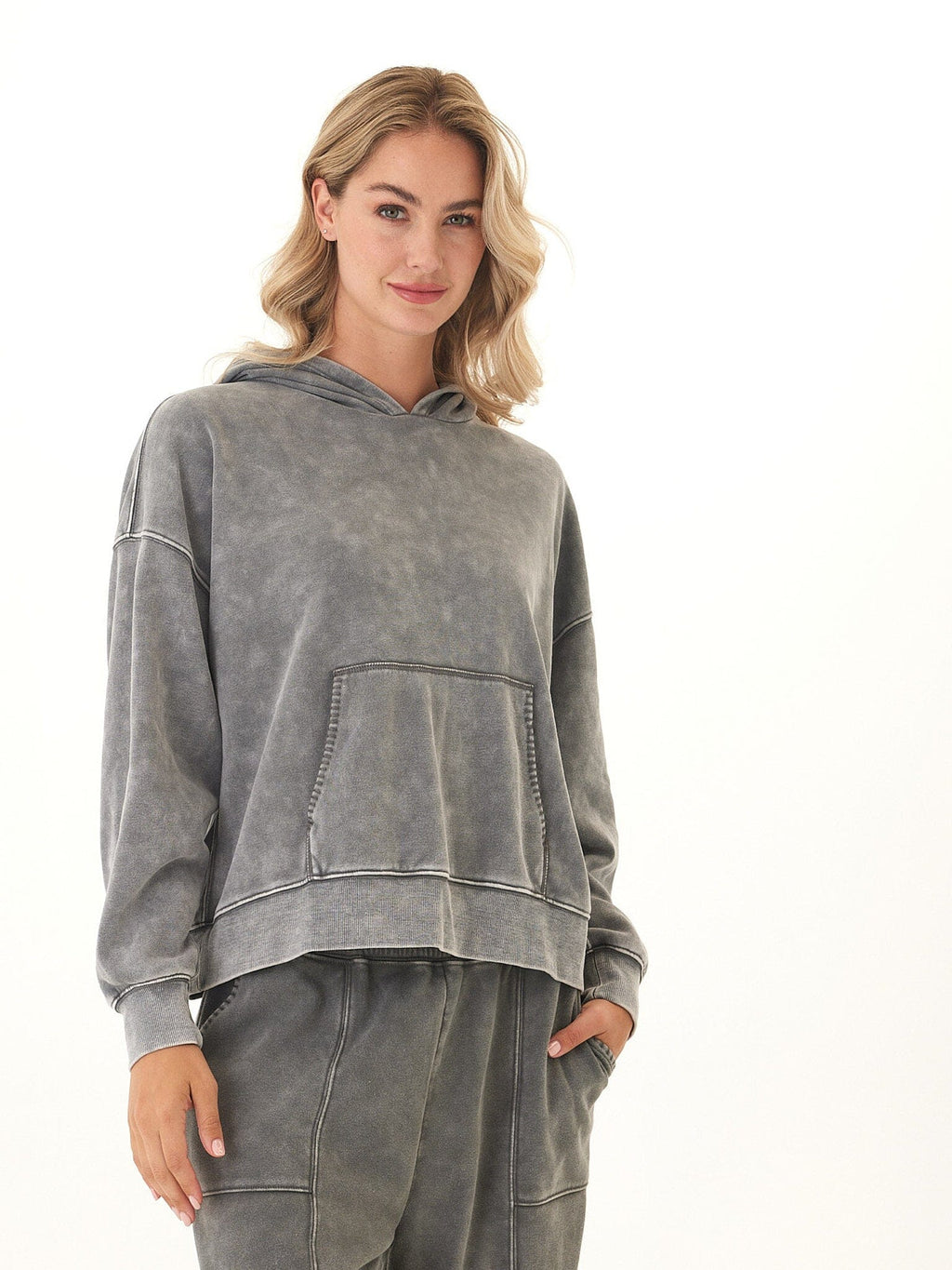 Marcellina Mineral Wash CVC Fleece Pullover Hoodie in Grey