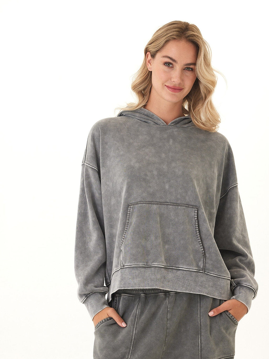 Marcellina Mineral Wash CVC Fleece Pullover Hoodie in Grey
